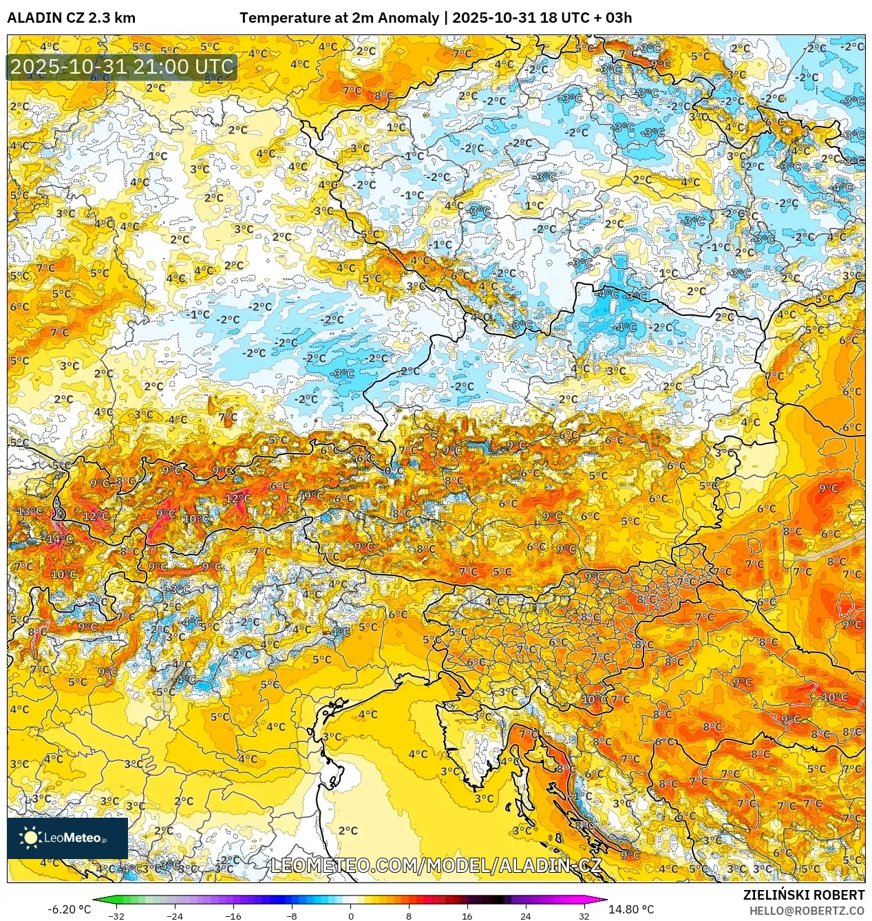 ALADIN CZ 2.3 km model - Austria, Temperature at 2m Anomaly