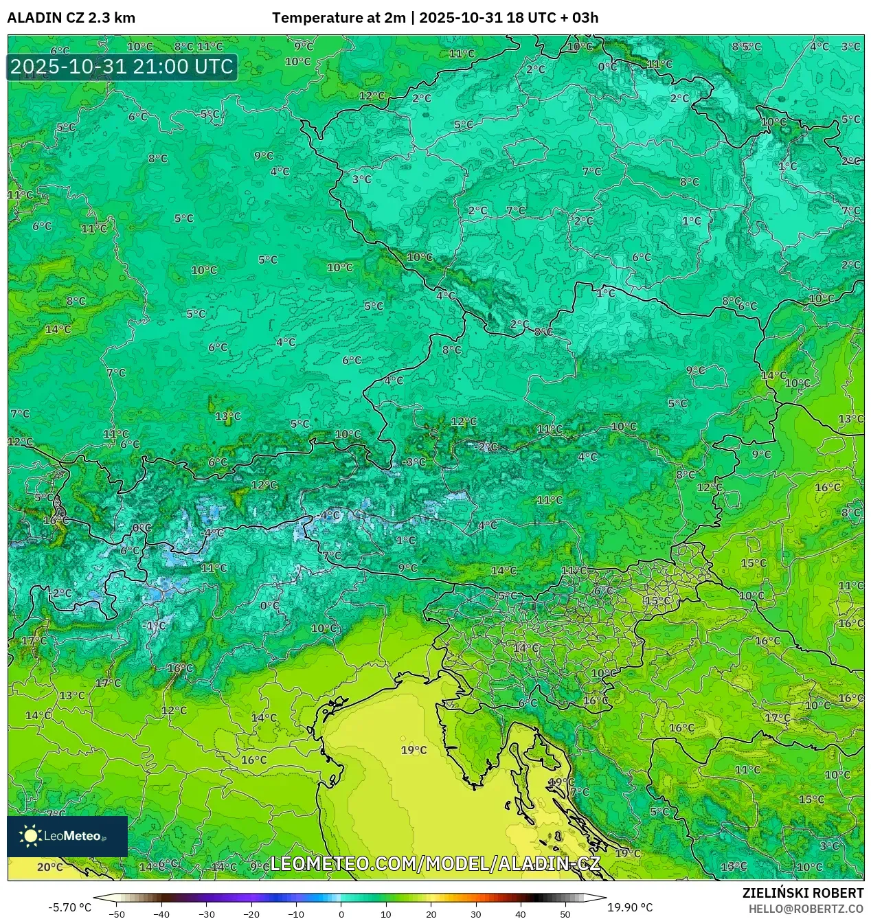 ALADIN CZ 2.3 km model - Austria, Temperature at 2m