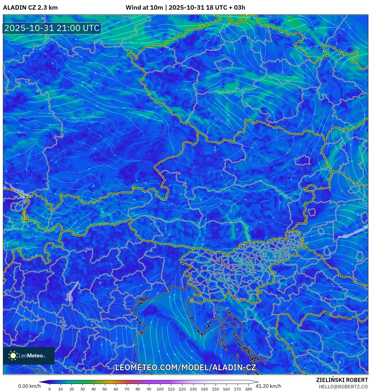 ALADIN CZ 2.3 km model - Austria, Wind at 10m ALADIN CZ 2.3 km model - Austria, Wind at 10m