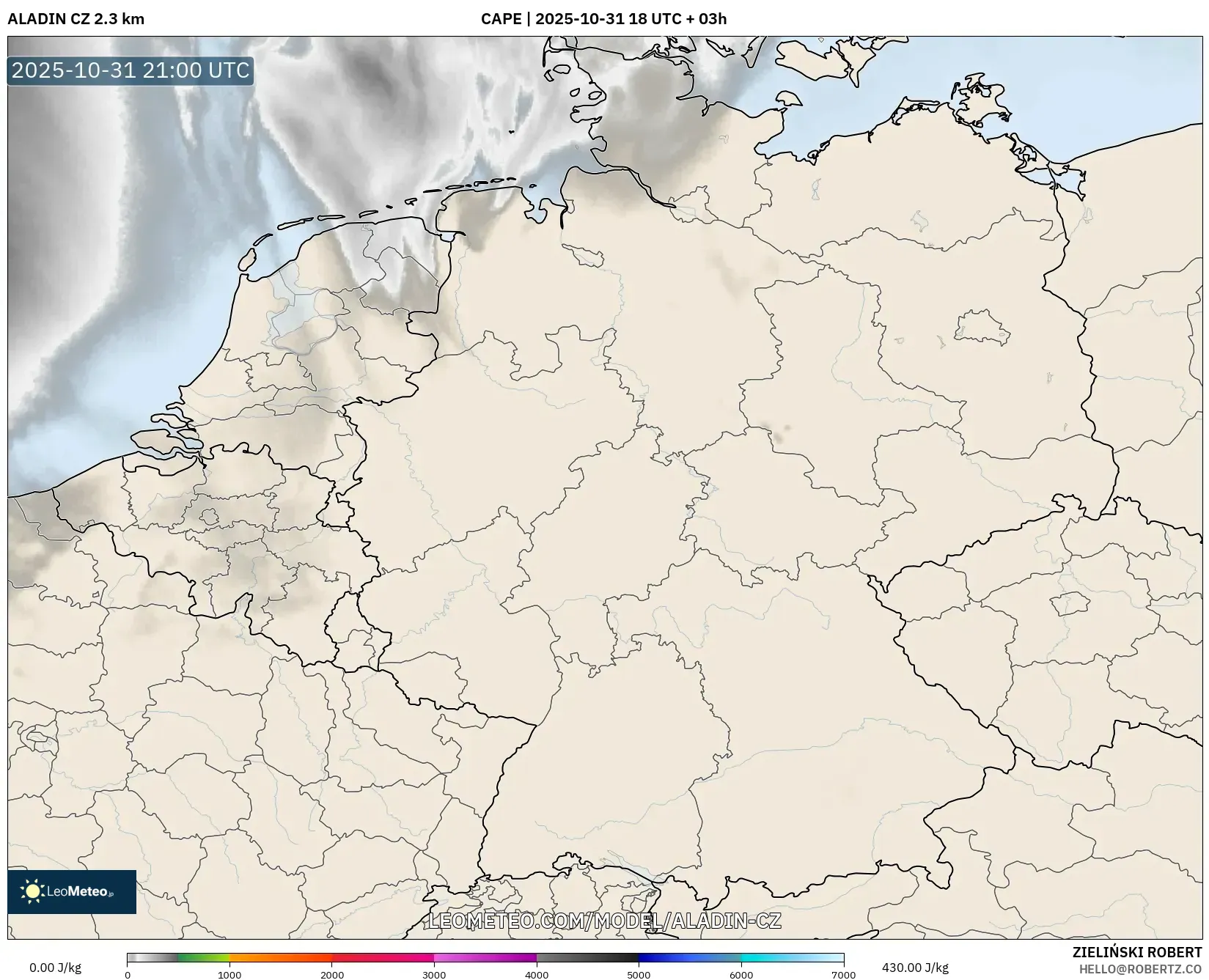 ALADIN CZ 2.3 km model - Germany, CAPE ALADIN CZ 2.3 km model - Germany, CAPE