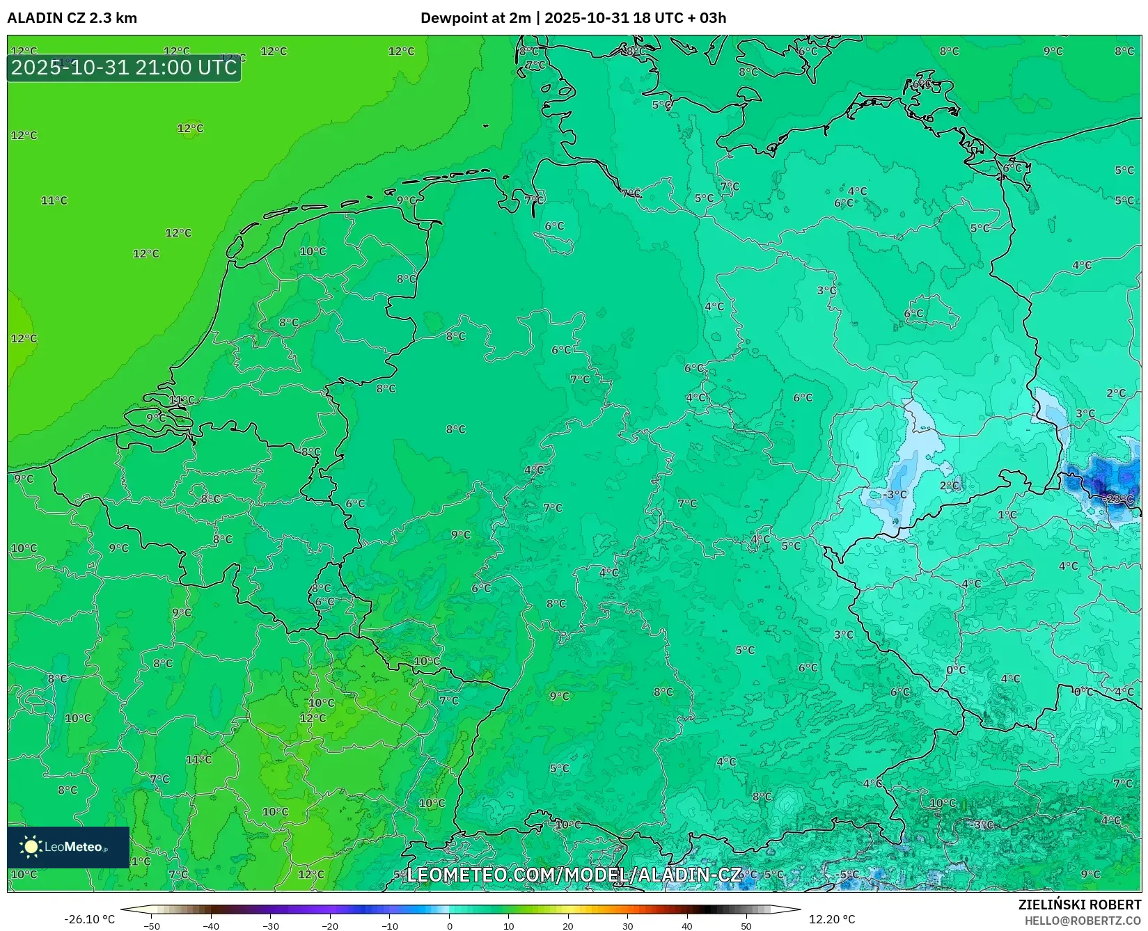 ALADIN CZ 2.3 km model - Germany, Dewpoint at 2m