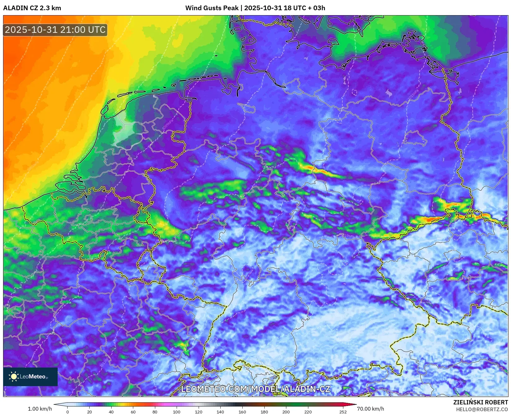ALADIN CZ 2.3 km model - Germany, Wind Gusts Peak ALADIN CZ 2.3 km model - Germany, Wind Gusts Peak
