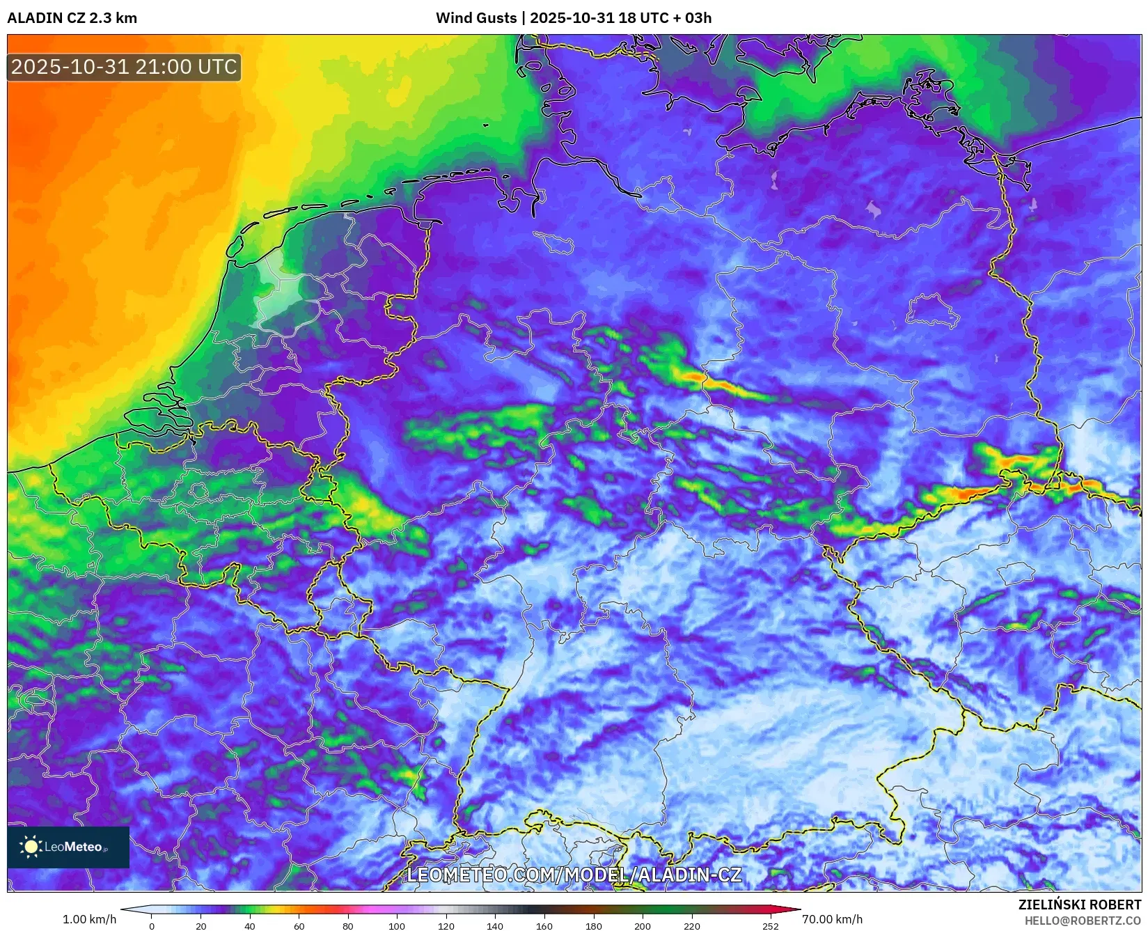 ALADIN CZ 2.3 km model - Germany, Wind Gusts ALADIN CZ 2.3 km model - Germany, Wind Gusts