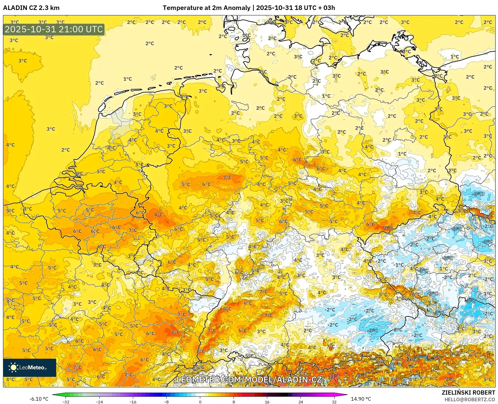 ALADIN CZ 2.3 km model - Germany, Temperature at 2m Anomaly ALADIN CZ 2.3 km model - Germany, Temperature at 2m Anomaly