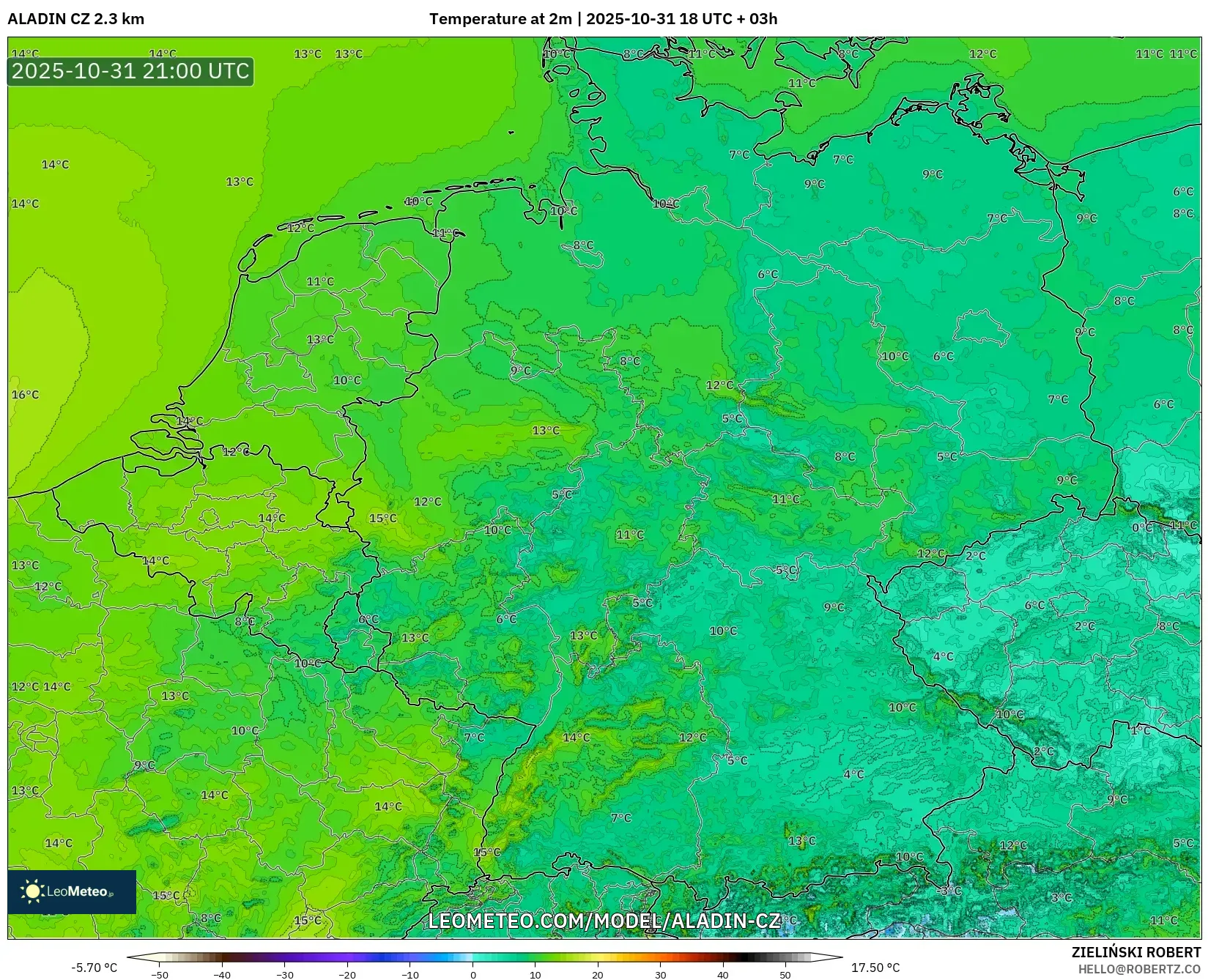 ALADIN CZ 2.3 km model - Germany, Temperature at 2m ALADIN CZ 2.3 km model - Germany, Temperature at 2m