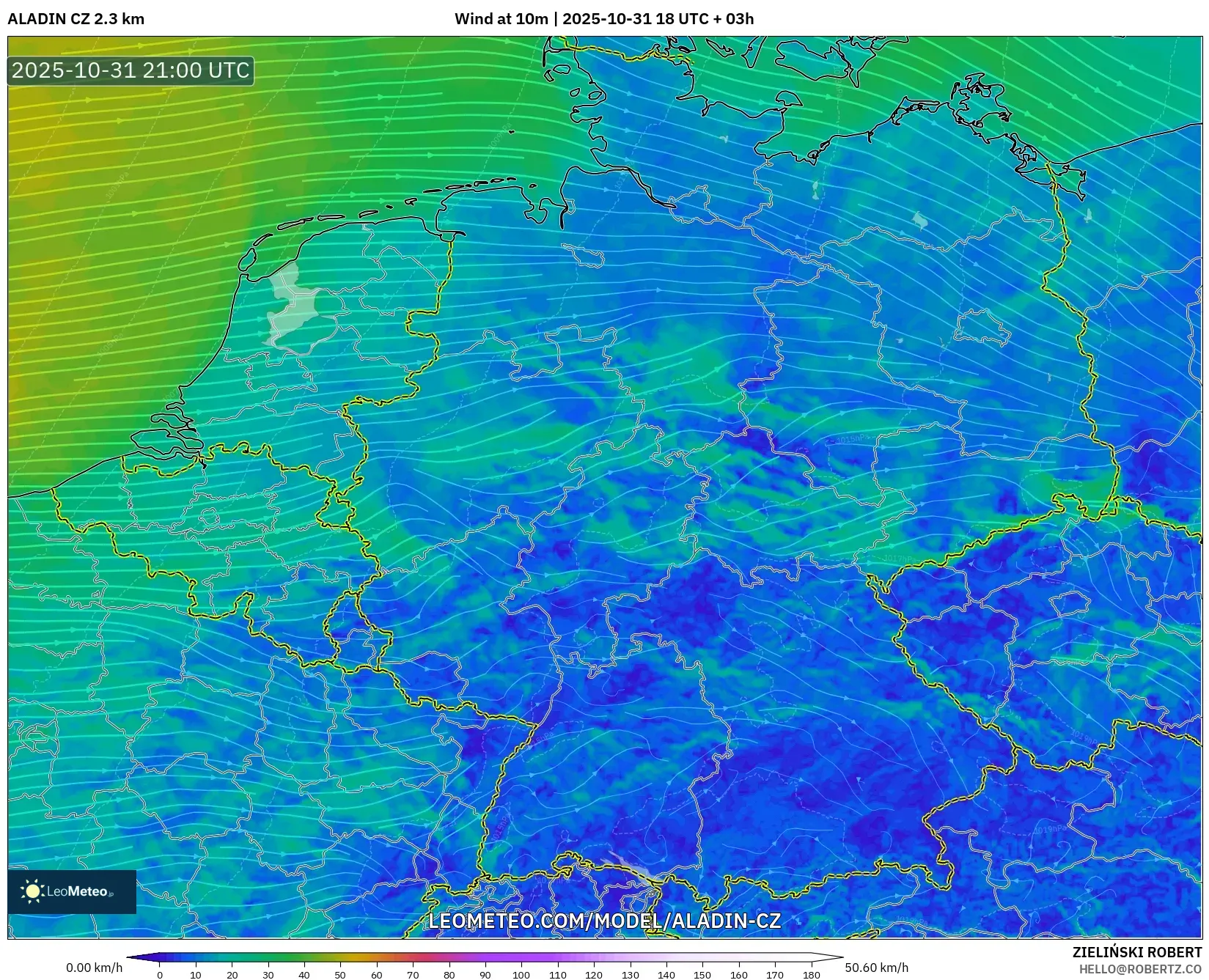 ALADIN CZ 2.3 km model - Germany, Wind at 10m ALADIN CZ 2.3 km model - Germany, Wind at 10m