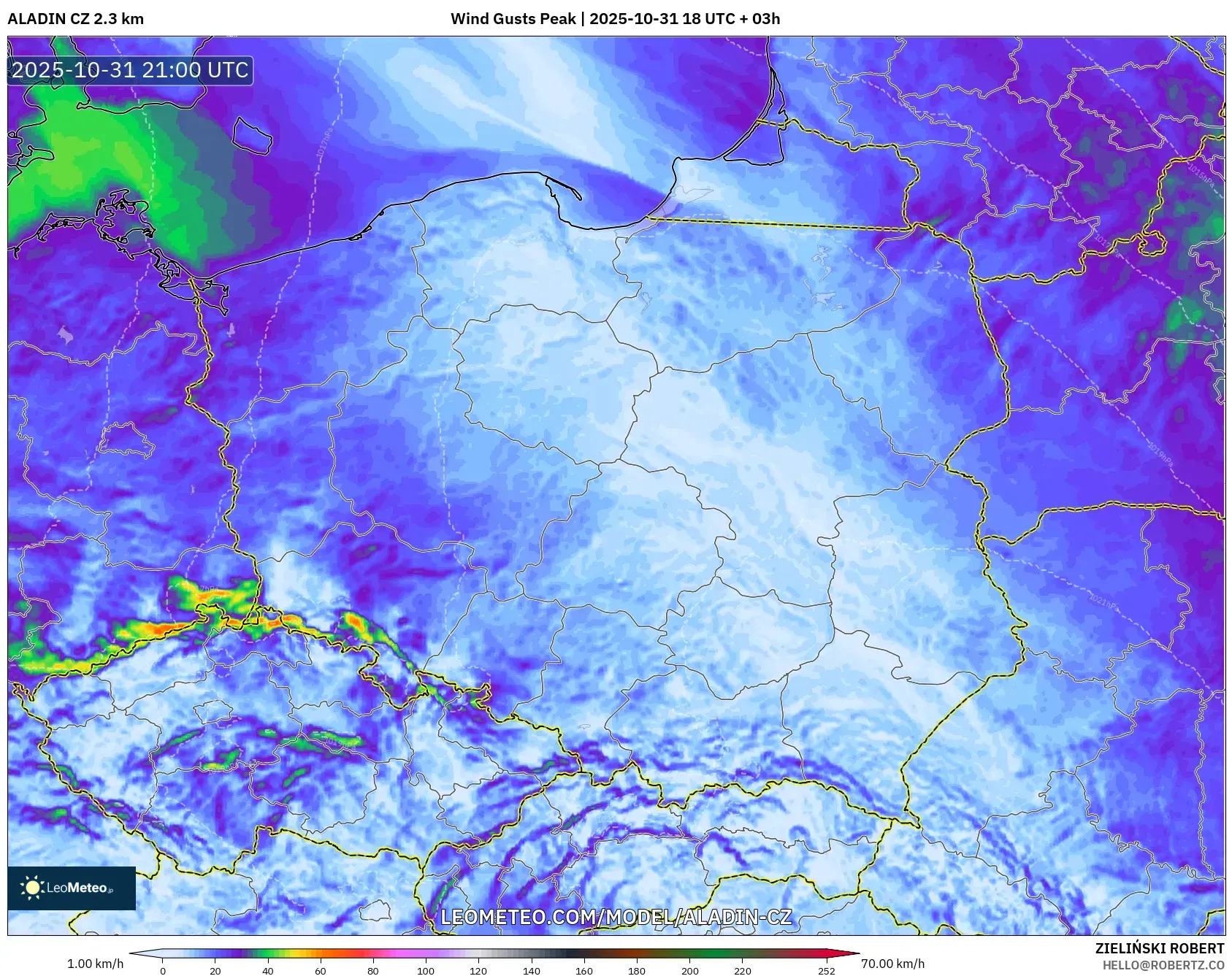 ALADIN CZ 2.3 km model - Poland, Wind Gusts Peak ALADIN CZ 2.3 km model - Poland, Wind Gusts Peak