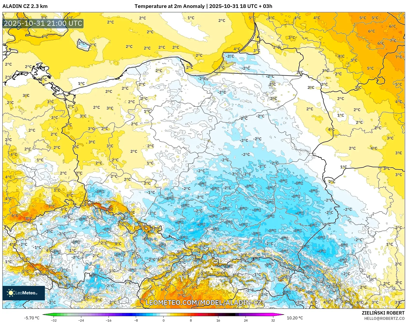 ALADIN CZ 2.3 km model - Poland, Temperature at 2m Anomaly