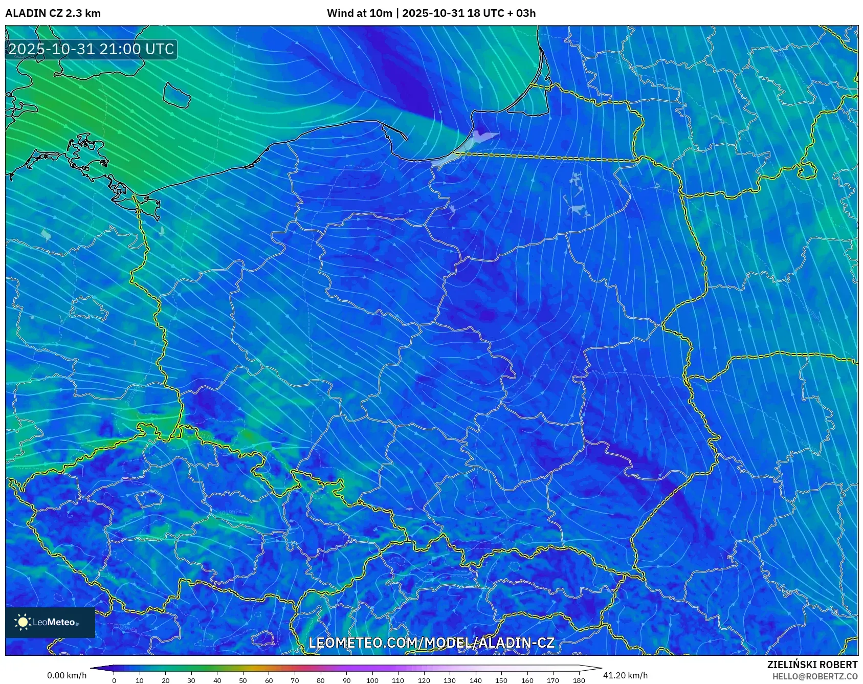ALADIN CZ 2.3 km model - Poland, Wind at 10m ALADIN CZ 2.3 km model - Poland, Wind at 10m