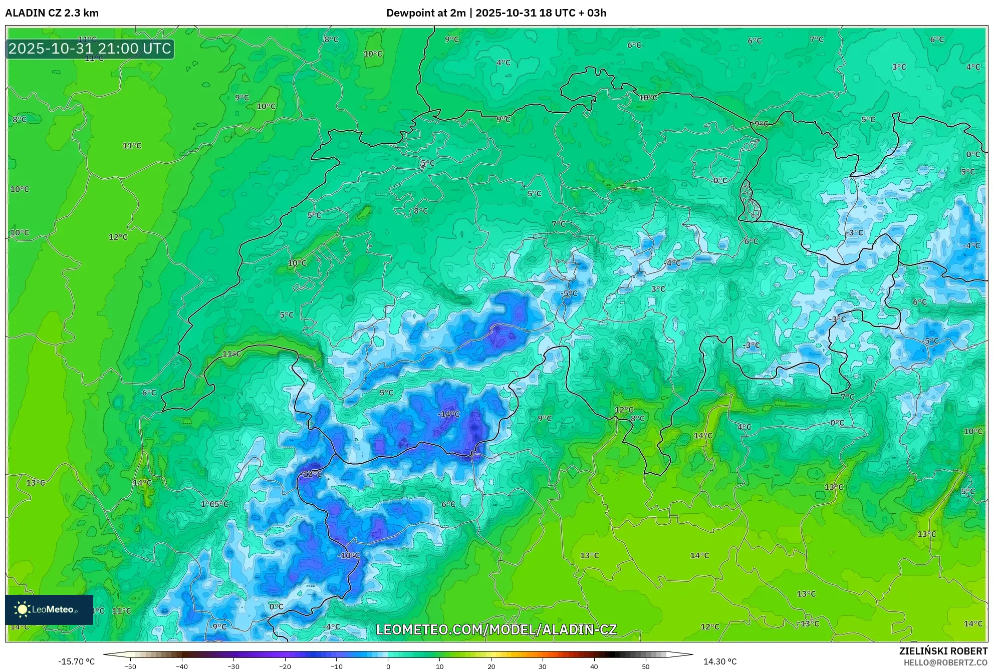 ALADIN CZ 2.3 km model - Switzerland, Dewpoint at 2m ALADIN CZ 2.3 km model - Switzerland, Dewpoint at 2m