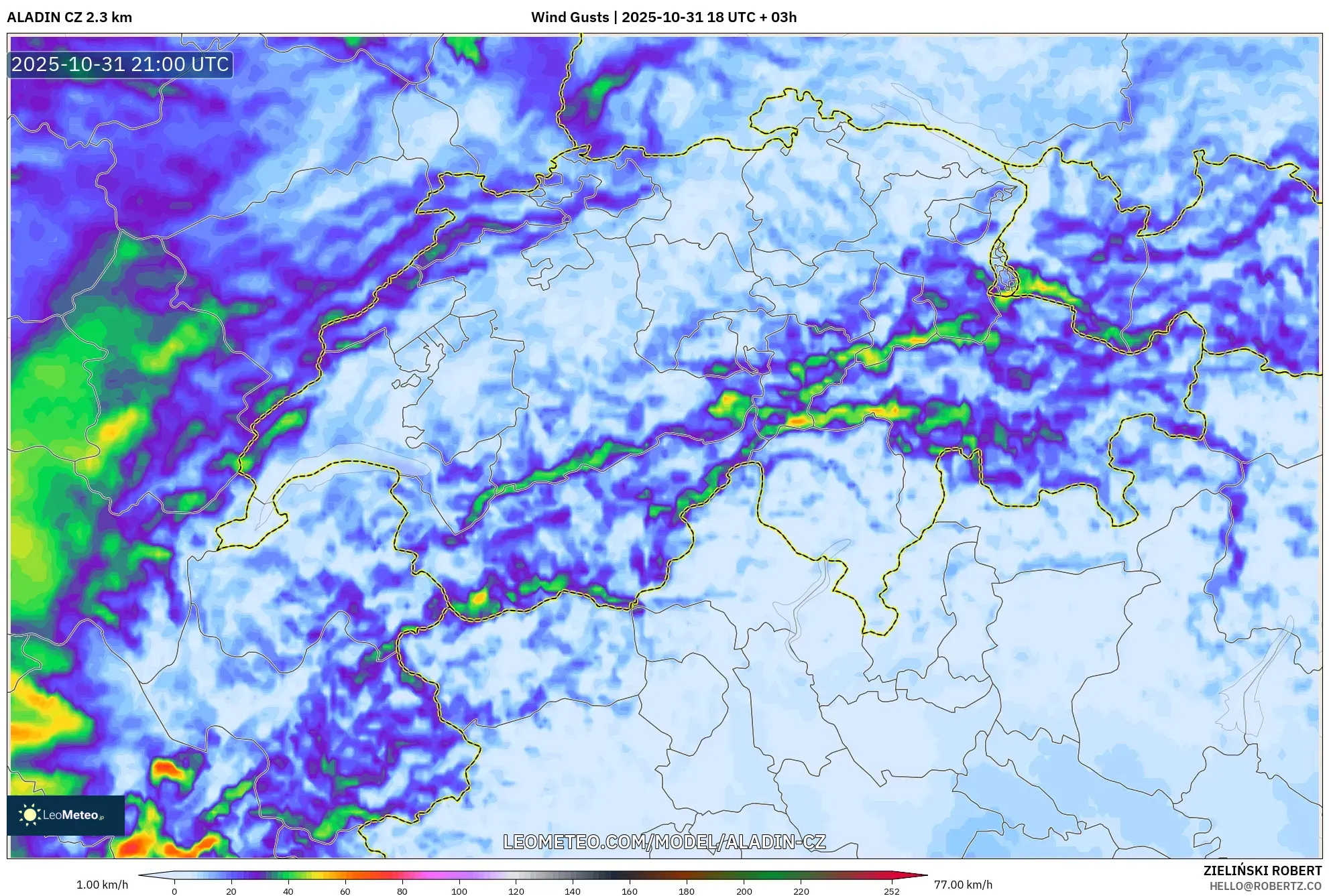 ALADIN CZ 2.3 km model - Switzerland, Wind Gusts ALADIN CZ 2.3 km model - Switzerland, Wind Gusts