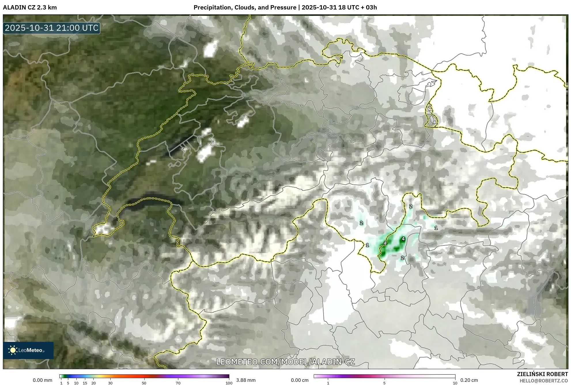 ALADIN CZ 2.3 km model - Switzerland, Precipitation, Clouds, and Pressure ALADIN CZ 2.3 km model - Switzerland, Precipitation, Clouds, and Pressure