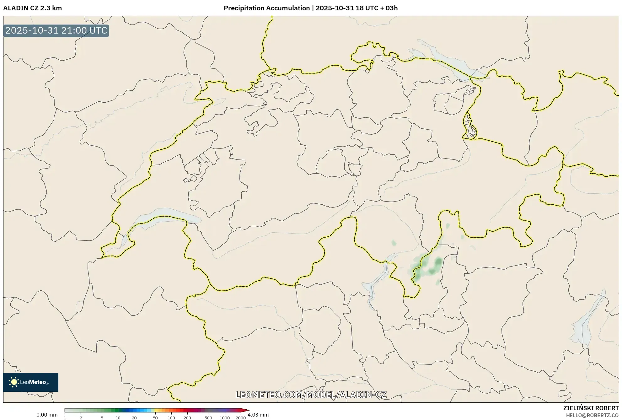 ALADIN CZ 2.3 km model - Switzerland, Precipitation Accumulation ALADIN CZ 2.3 km model - Switzerland, Precipitation Accumulation