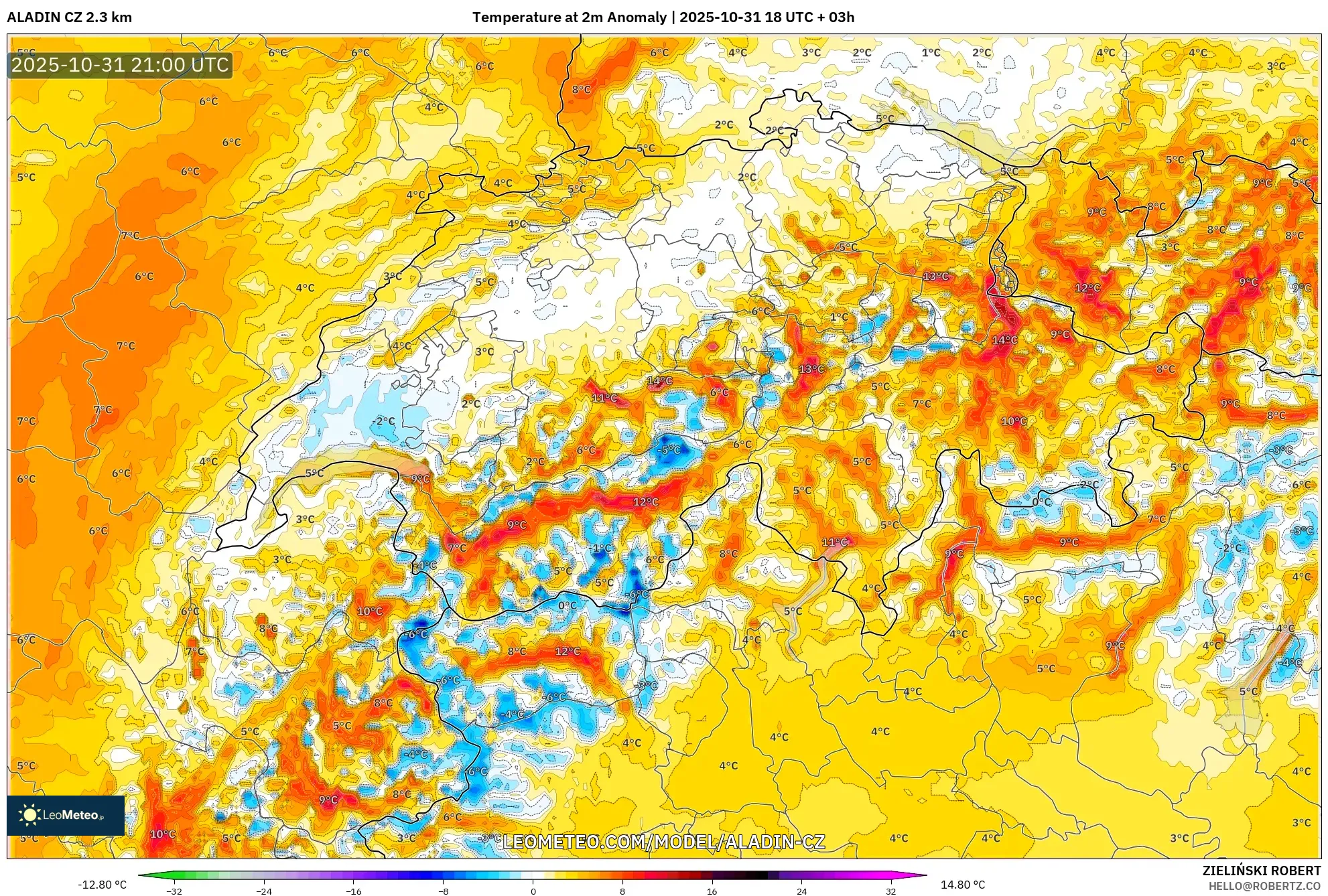 ALADIN CZ 2.3 km model - Switzerland, Temperature at 2m Anomaly