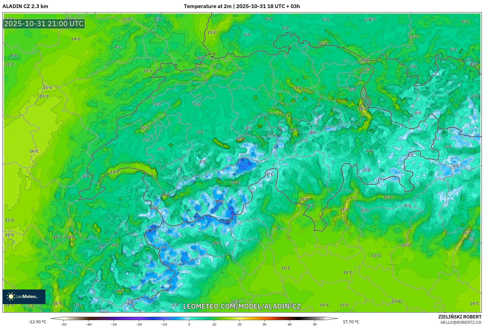 ALADIN CZ 2.3 km model - Switzerland, Temperature at 2m ALADIN CZ 2.3 km model - Switzerland, Temperature at 2m