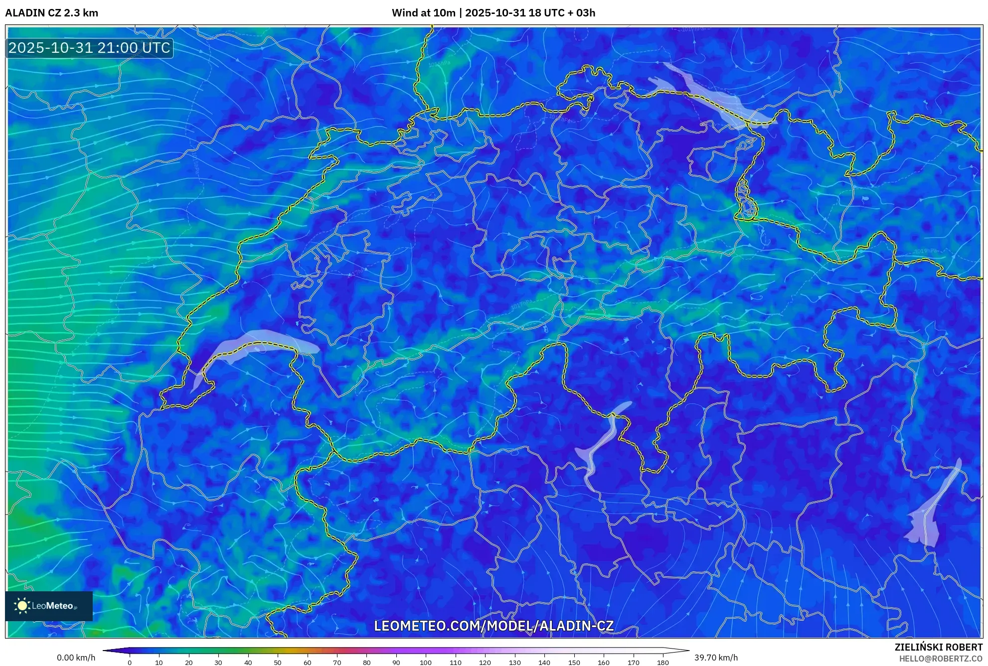 ALADIN CZ 2.3 km model - Switzerland, Wind at 10m
