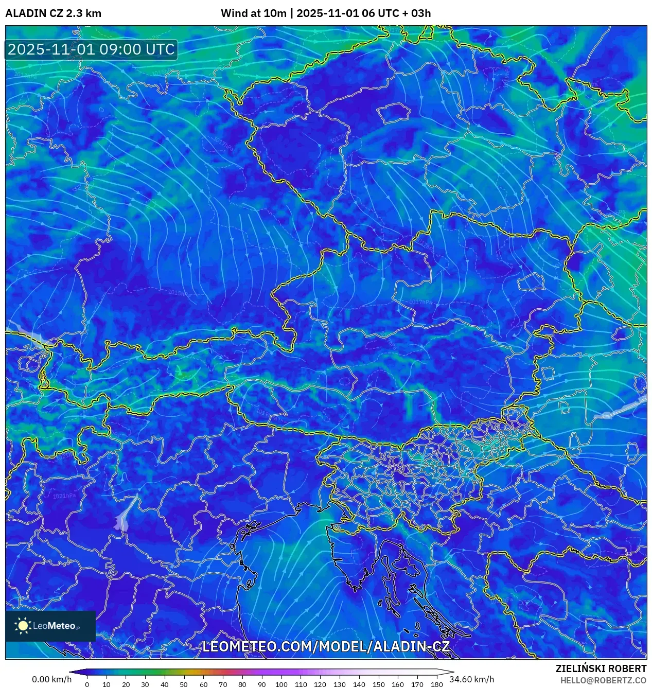 ALADIN CZ 2.3 km model - Austria, Wind at 10m ALADIN CZ 2.3 km model - Austria, Wind at 10m