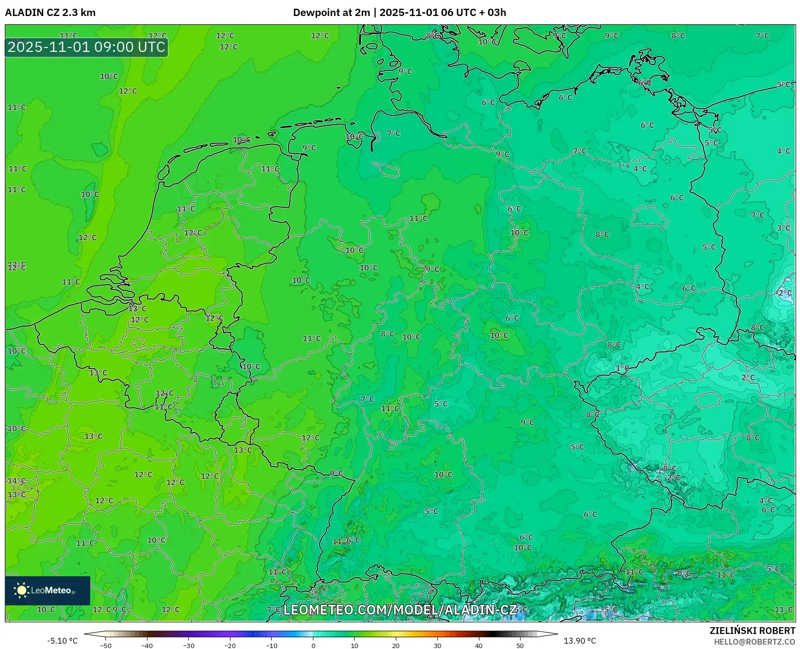 ALADIN CZ 2.3 km model - Germany, Dewpoint at 2m ALADIN CZ 2.3 km model - Germany, Dewpoint at 2m