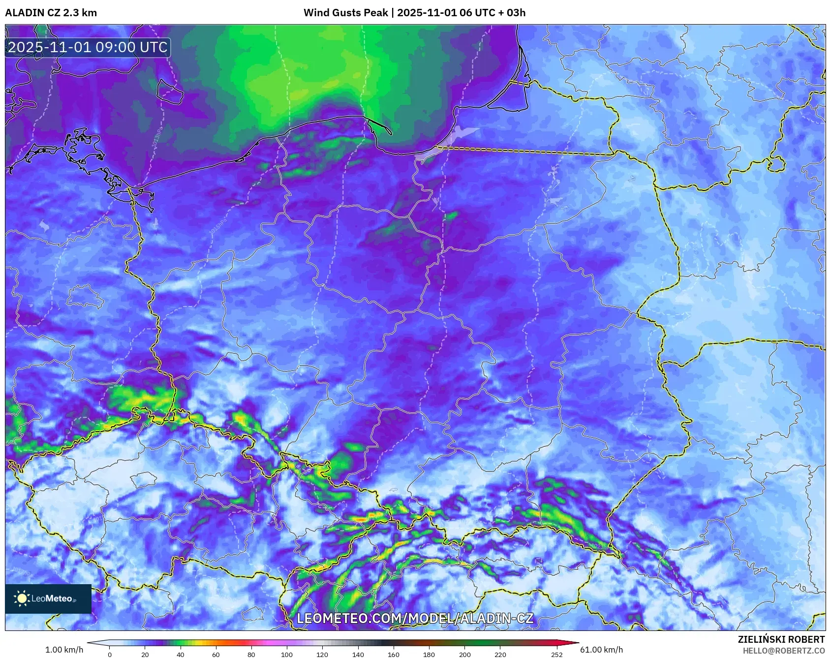 ALADIN CZ 2.3 km model - Poland, Wind Gusts Peak