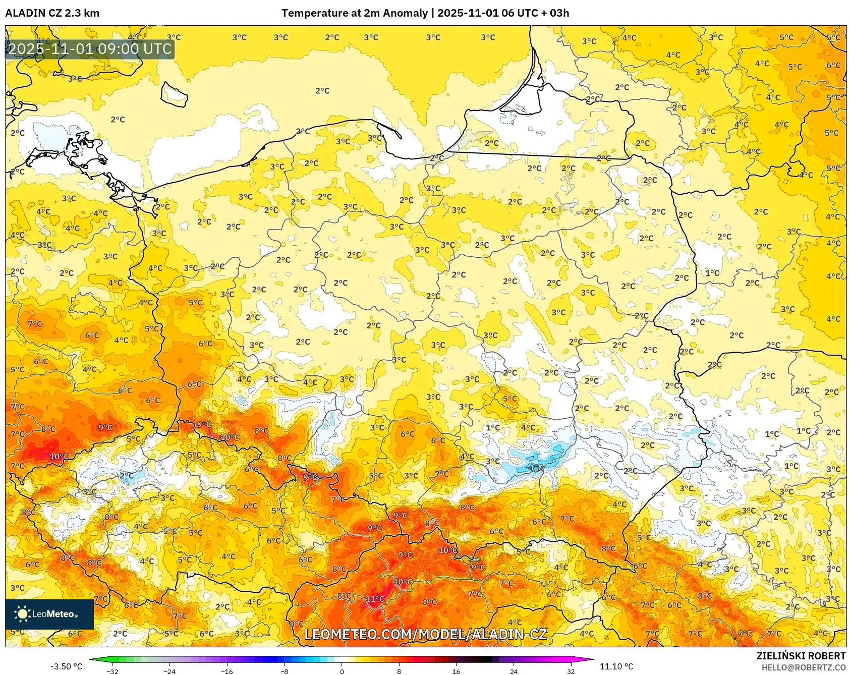 ALADIN CZ 2.3 km model - Poland, Temperature at 2m Anomaly ALADIN CZ 2.3 km model - Poland, Temperature at 2m Anomaly