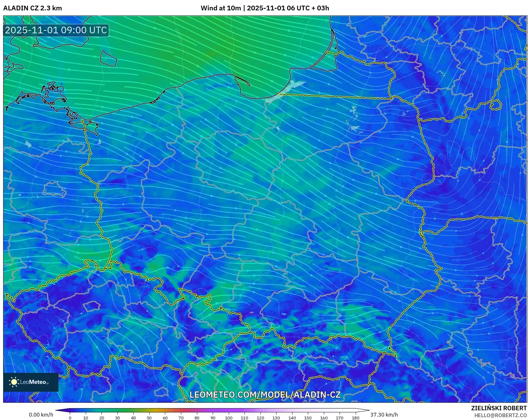 ALADIN CZ 2.3 km model - Poland, Wind at 10m ALADIN CZ 2.3 km model - Poland, Wind at 10m