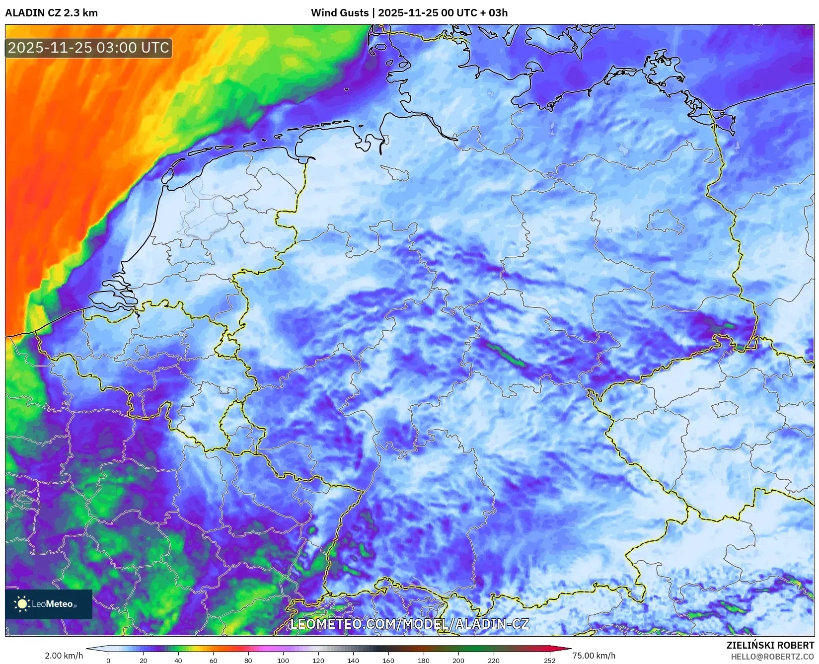 ALADIN CZ 2.3 km model - Germany, Wind Gusts