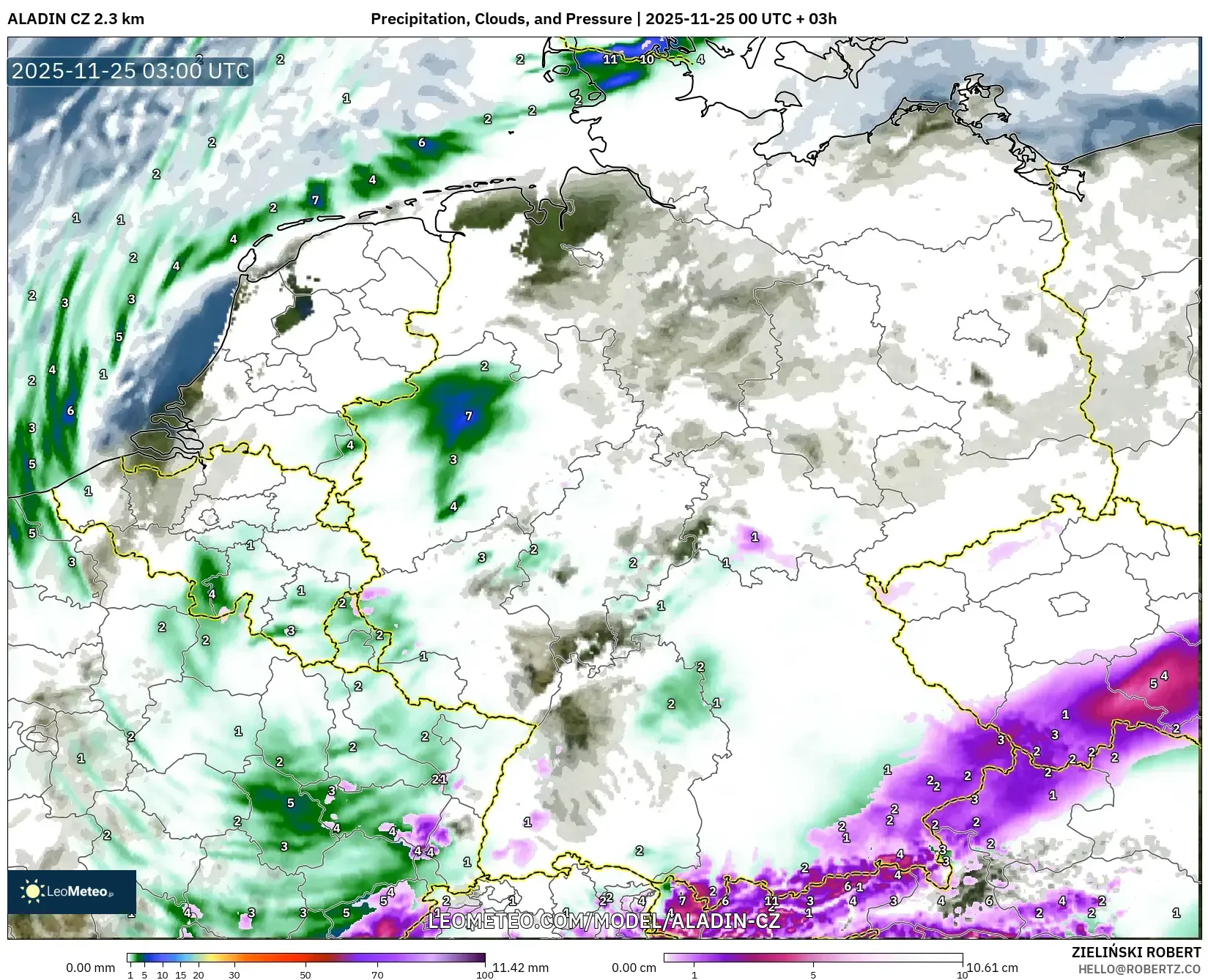 ALADIN CZ 2.3 km model - Germany, Precipitation, Clouds, and Pressure