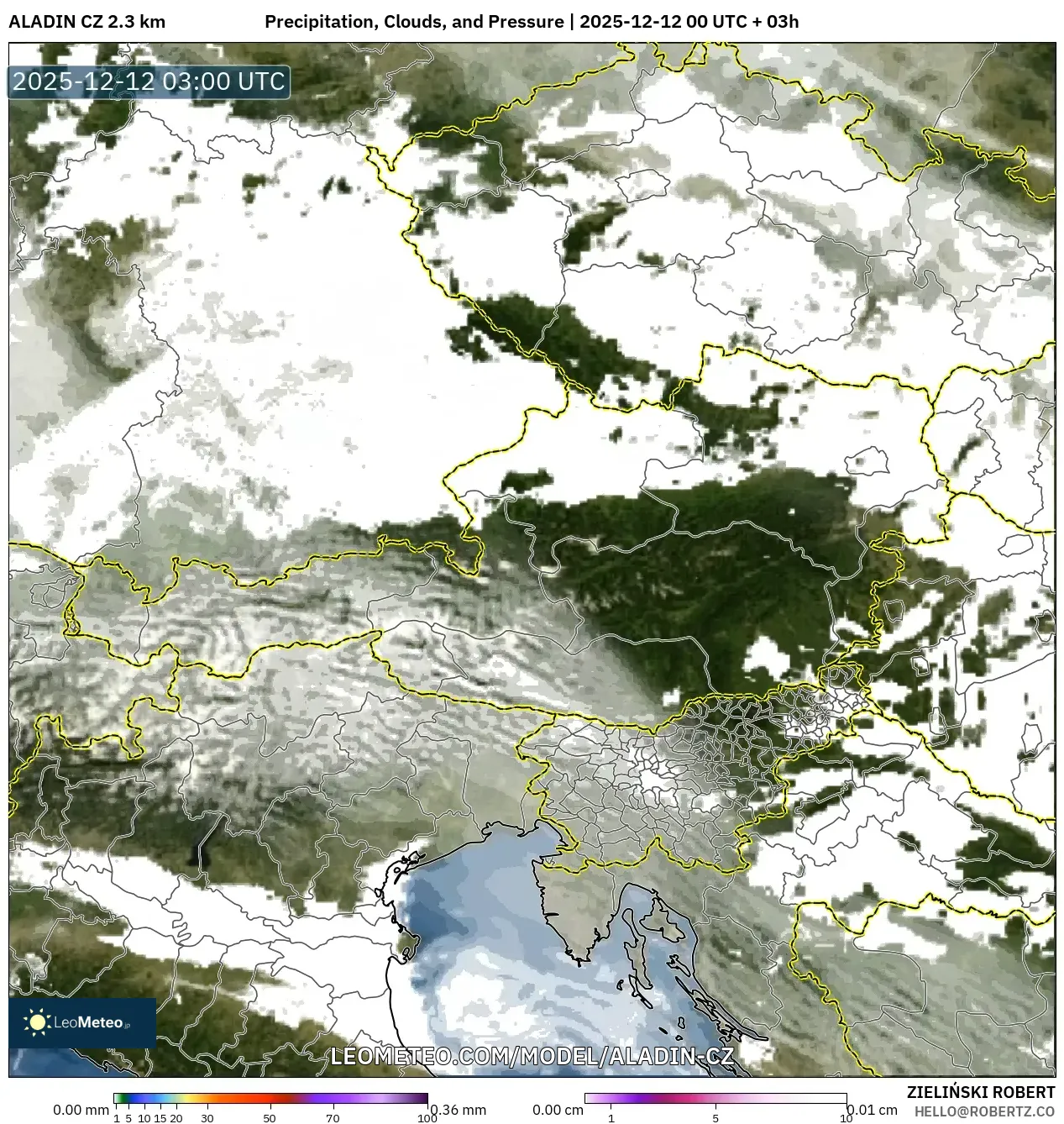 ALADIN CZ 2.3 km model - Austria, Hujan, Awan dan Tekanan