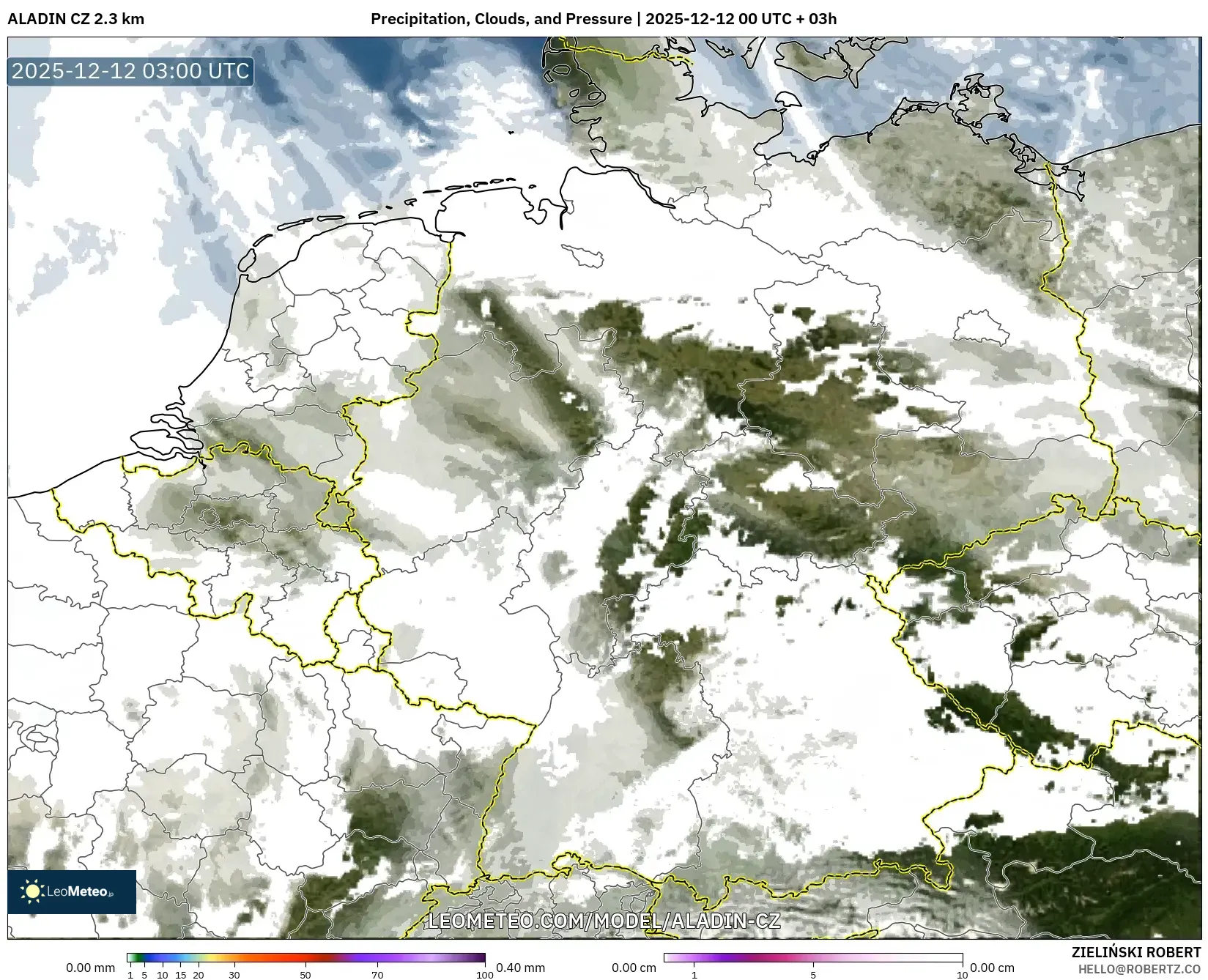 ALADIN CZ 2.3 km model - Jerman, Hujan, Awan dan Tekanan