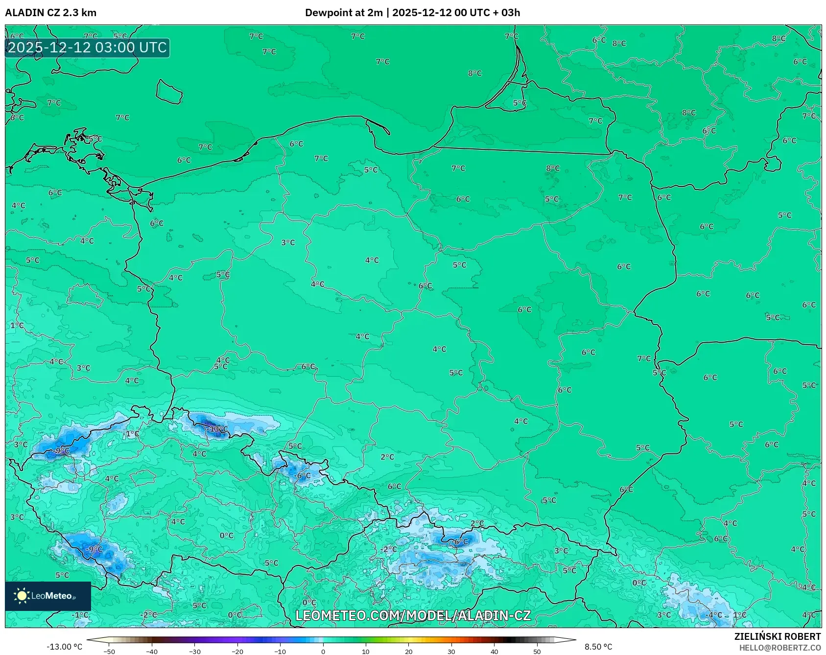 ALADIN CZ 2.3 km model - Poland, Takat Embun 2 m