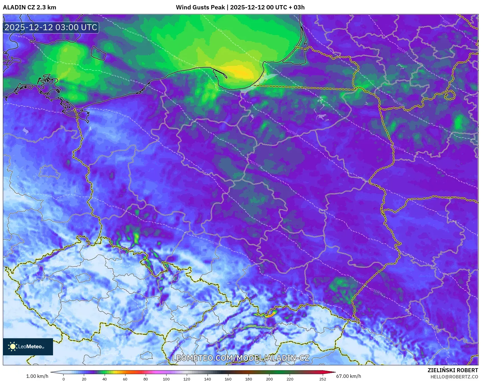 ALADIN CZ 2.3 km model - Poland, Hembusan Tertinggi