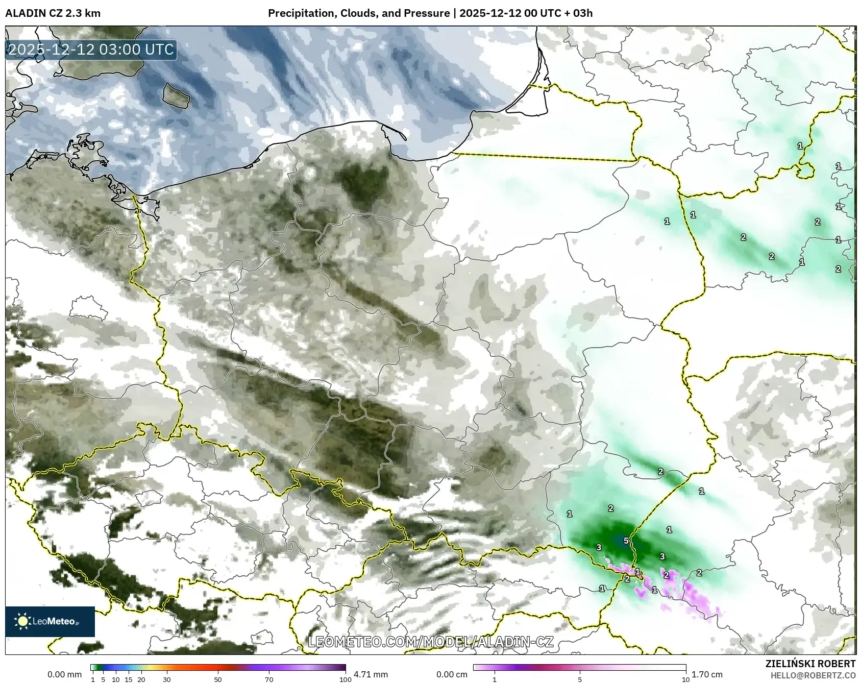 ALADIN CZ 2.3 km model - Poland, Hujan, Awan dan Tekanan