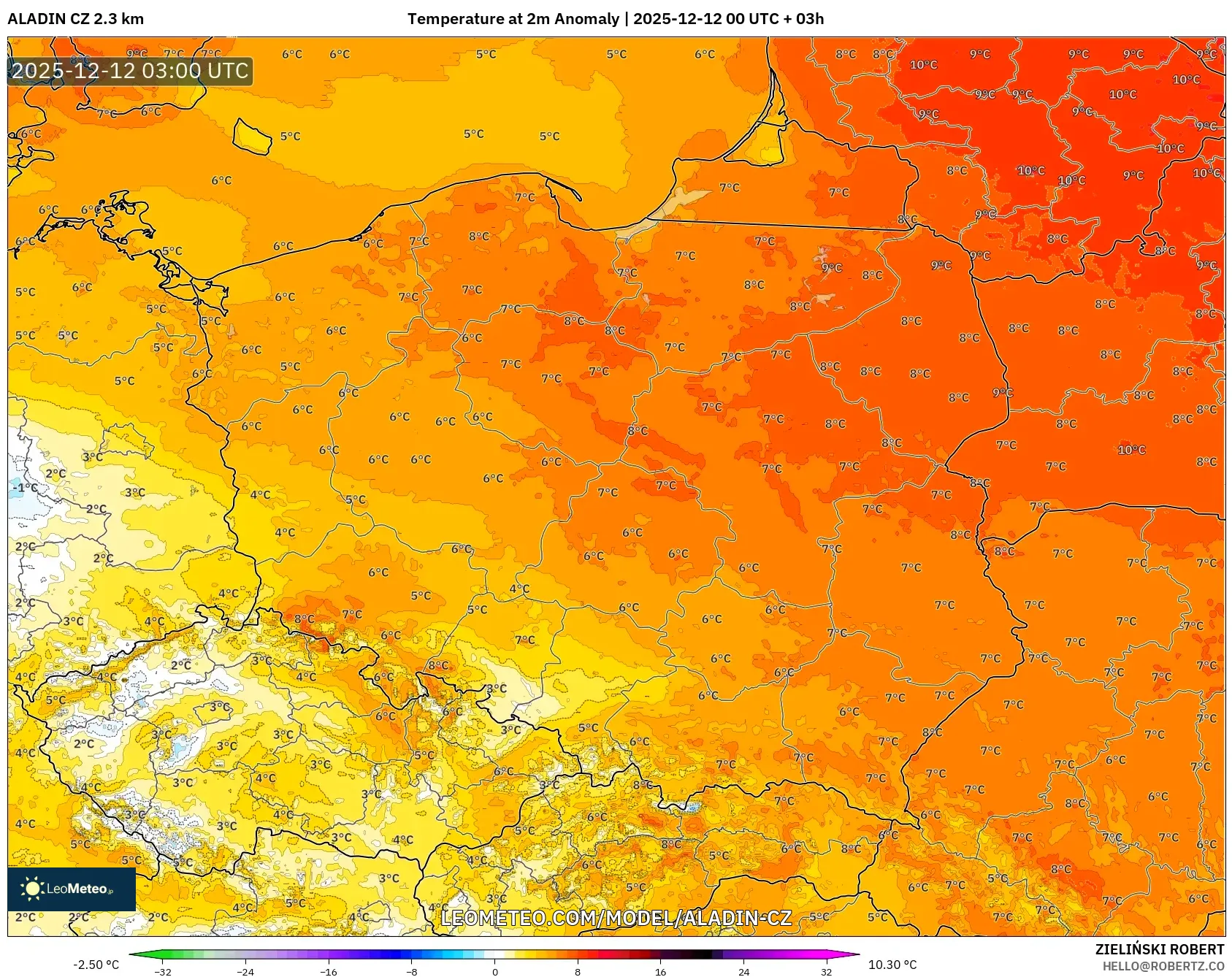 ALADIN CZ 2.3 km model - Poland, Anomali Suhu 2 m