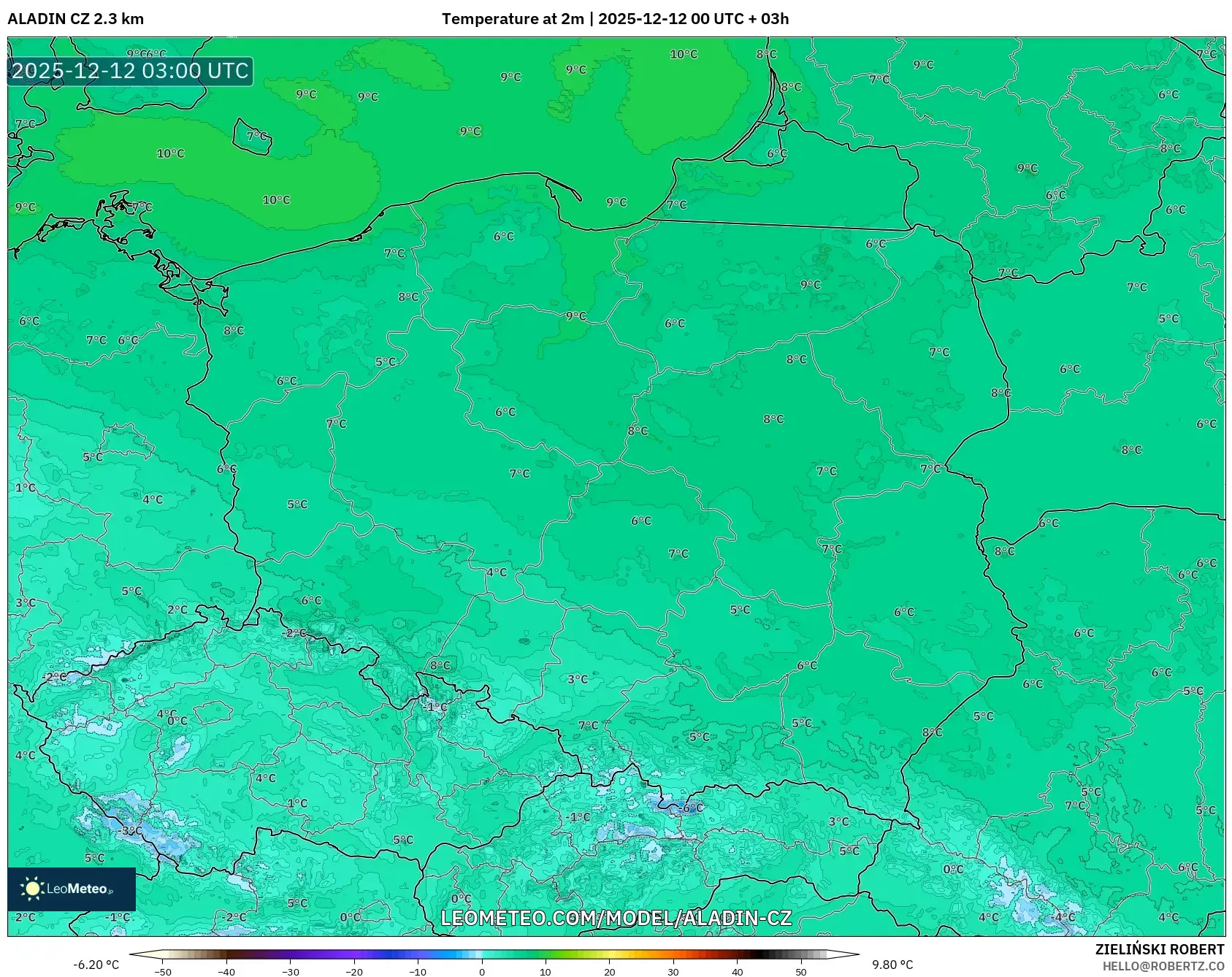 ALADIN CZ 2.3 km model - Poland, Suhu pada 2 m
