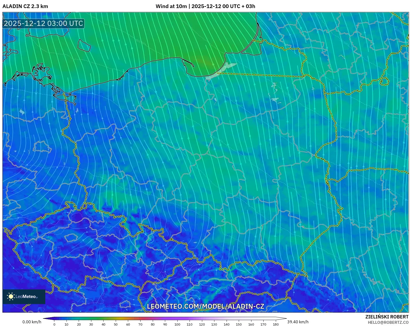 ALADIN CZ 2.3 km model - Poland, Angin 10 m