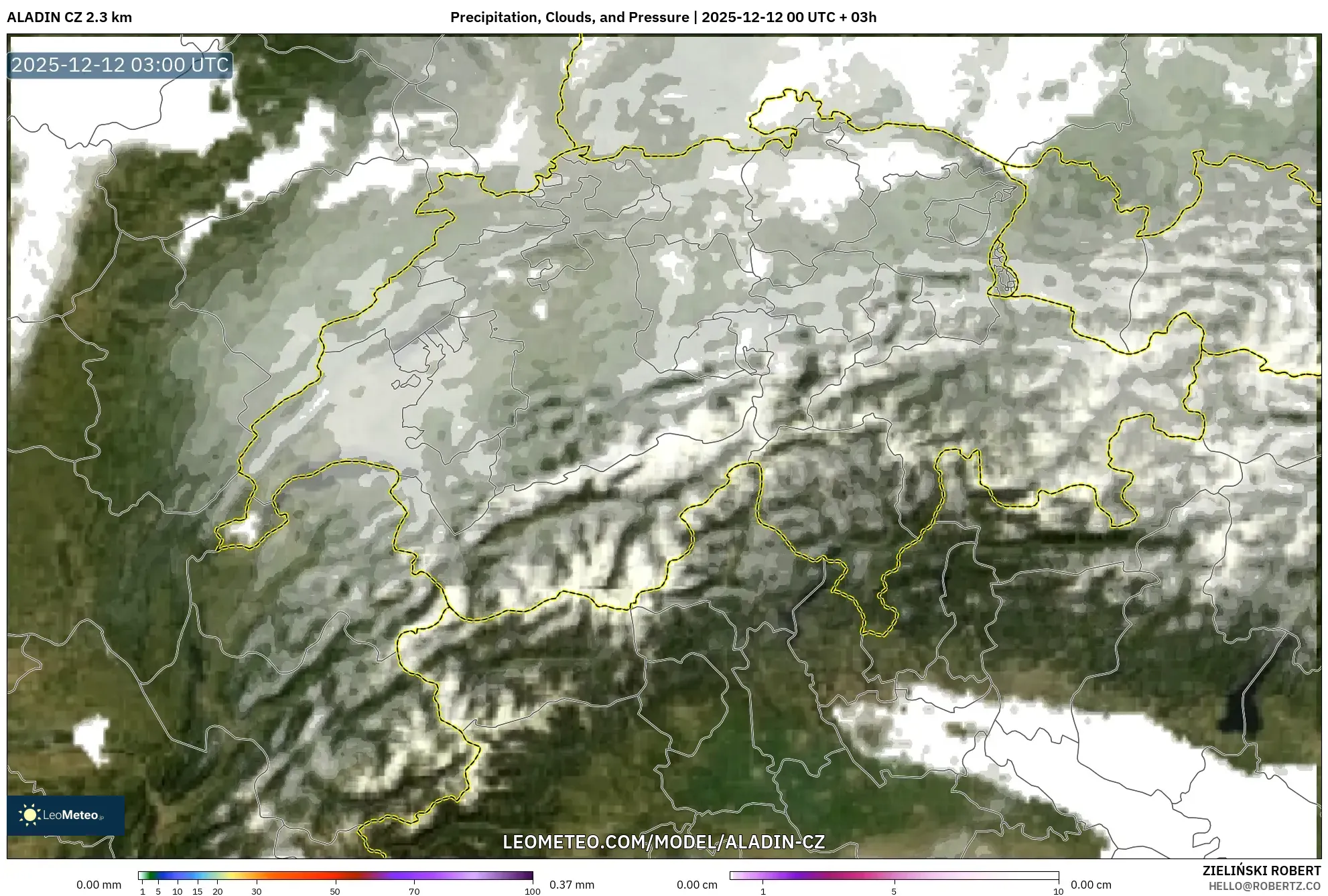 ALADIN CZ 2.3 km model - Switzerland, Hujan, Awan dan Tekanan
