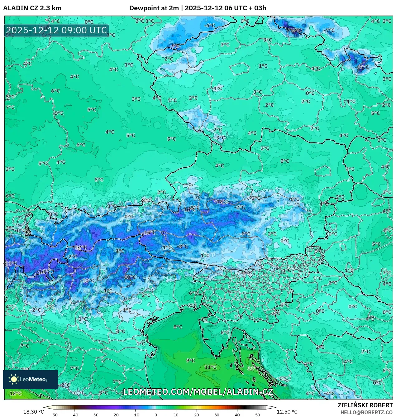 ALADIN CZ 2.3 km model - Austria, Takat Embun 2 m