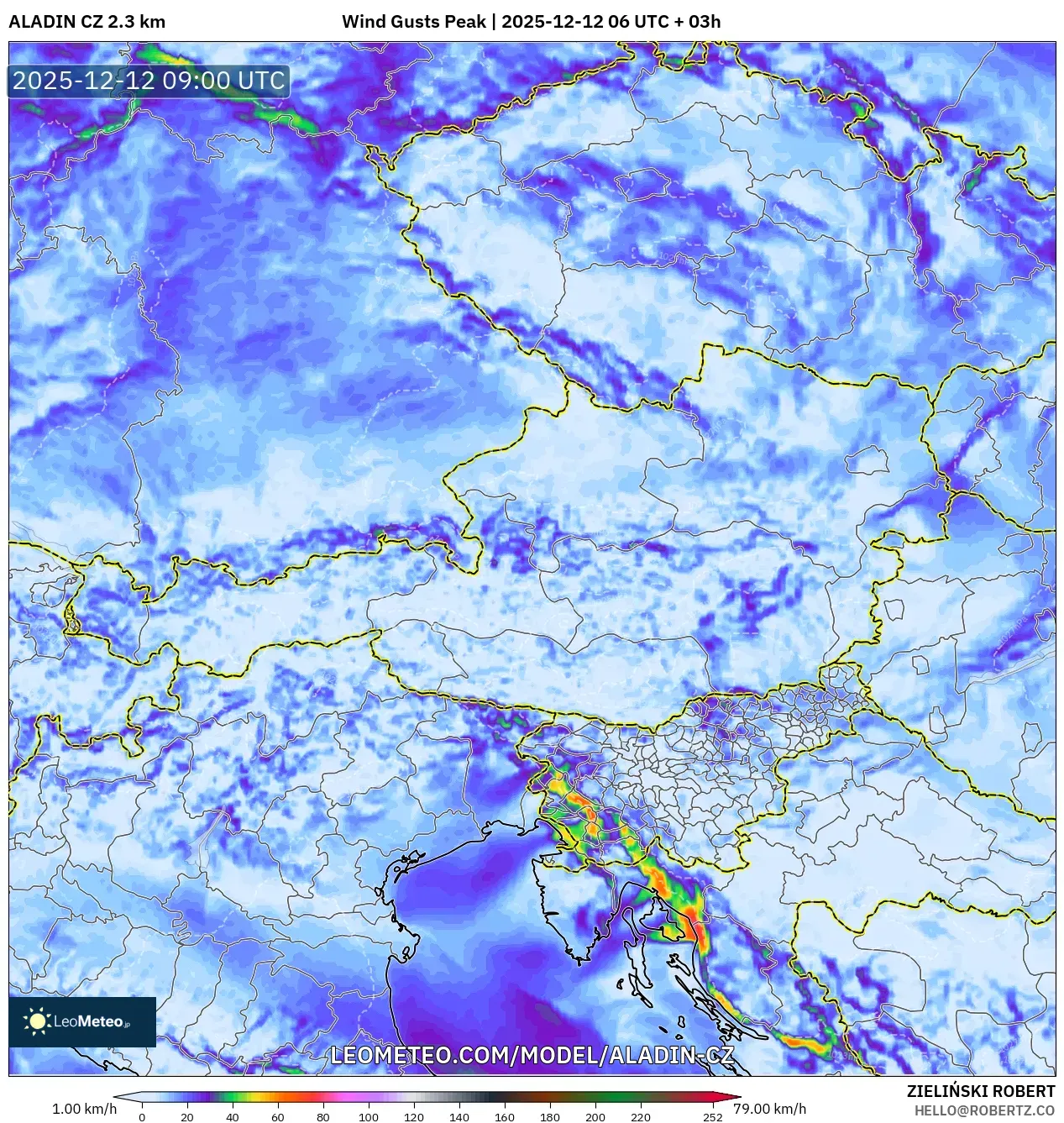 ALADIN CZ 2.3 km model - Austria, Hembusan Tertinggi