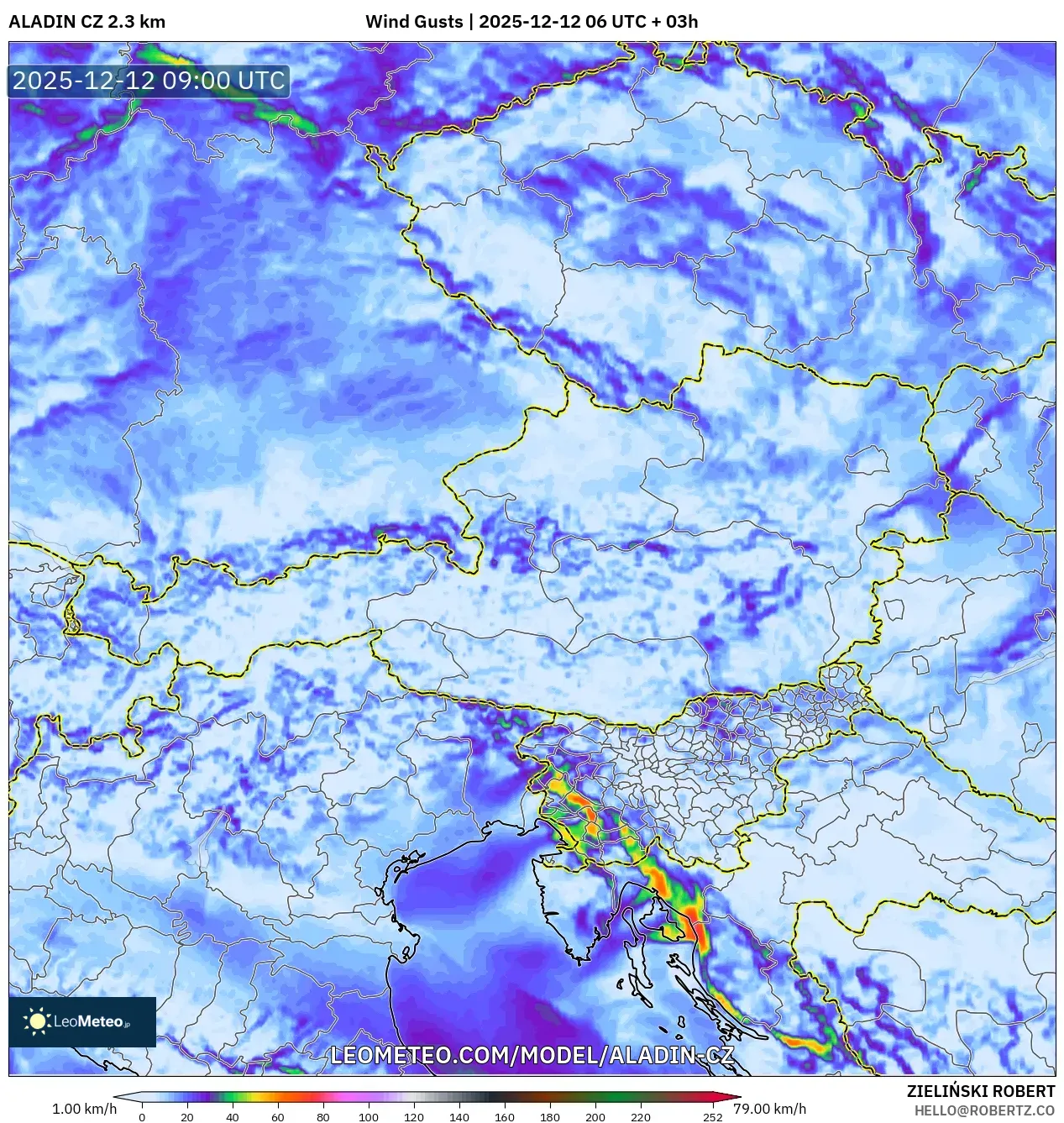 ALADIN CZ 2.3 km model - Austria, Hembusan Angin