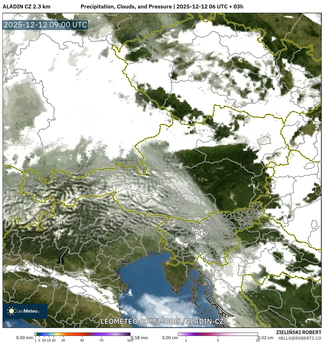 ALADIN CZ 2.3 km model - Austria, Hujan, Awan dan Tekanan