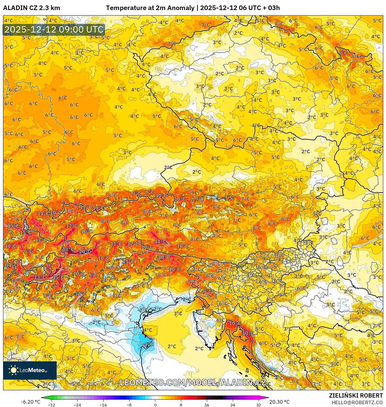 ALADIN CZ 2.3 km model - Austria, Anomali Suhu 2 m