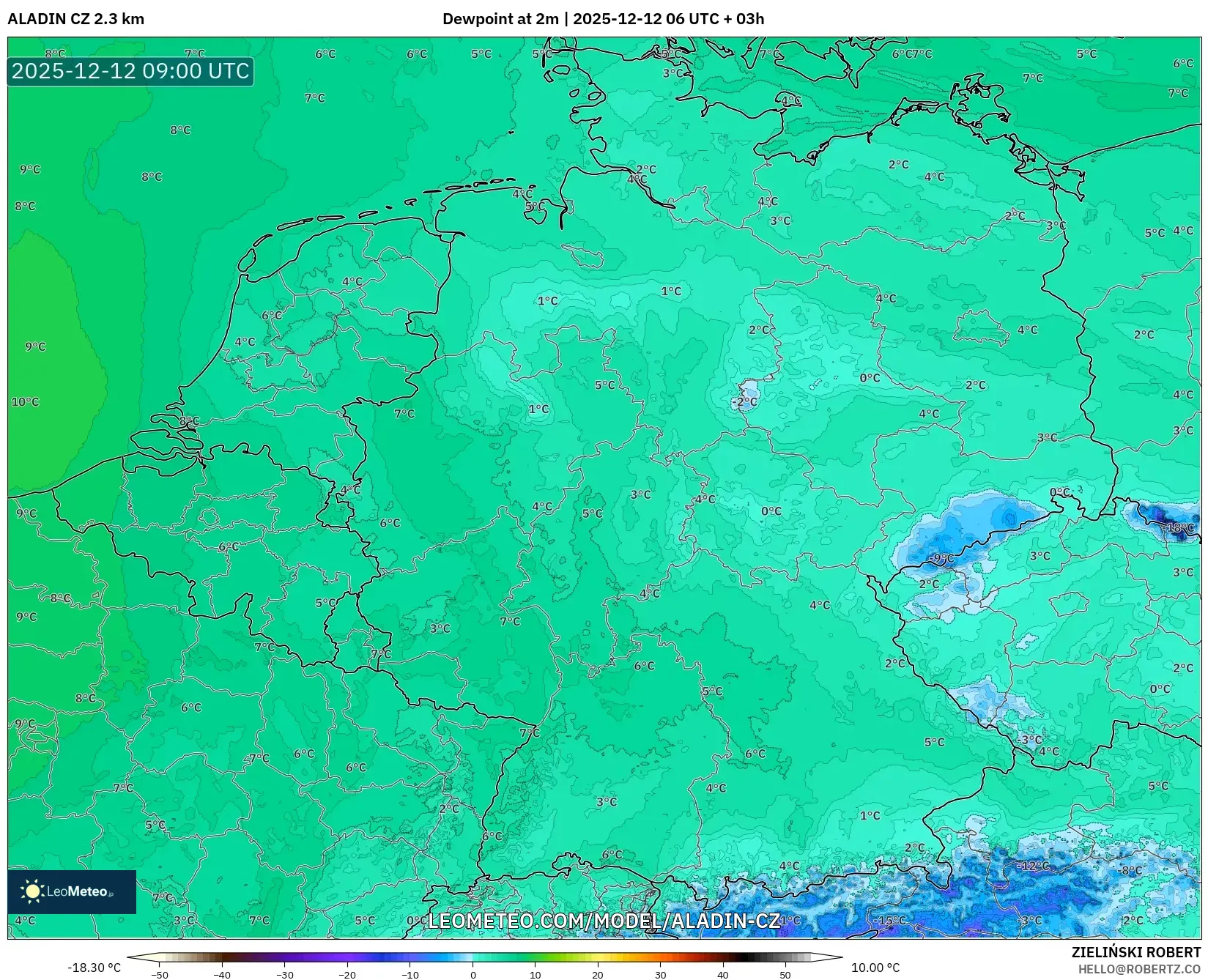 ALADIN CZ 2.3 km model - Jerman, Takat Embun 2 m