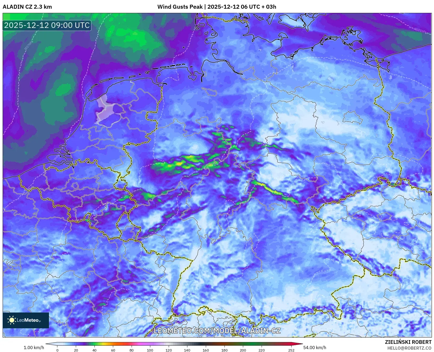 ALADIN CZ 2.3 km model - Jerman, Hembusan Tertinggi