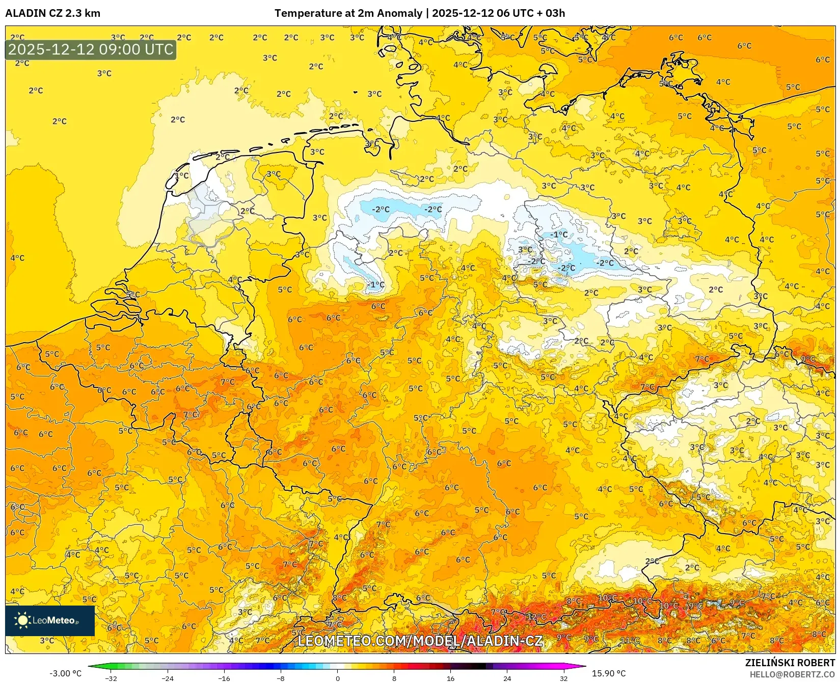 ALADIN CZ 2.3 km model - Jerman, Anomali Suhu 2 m