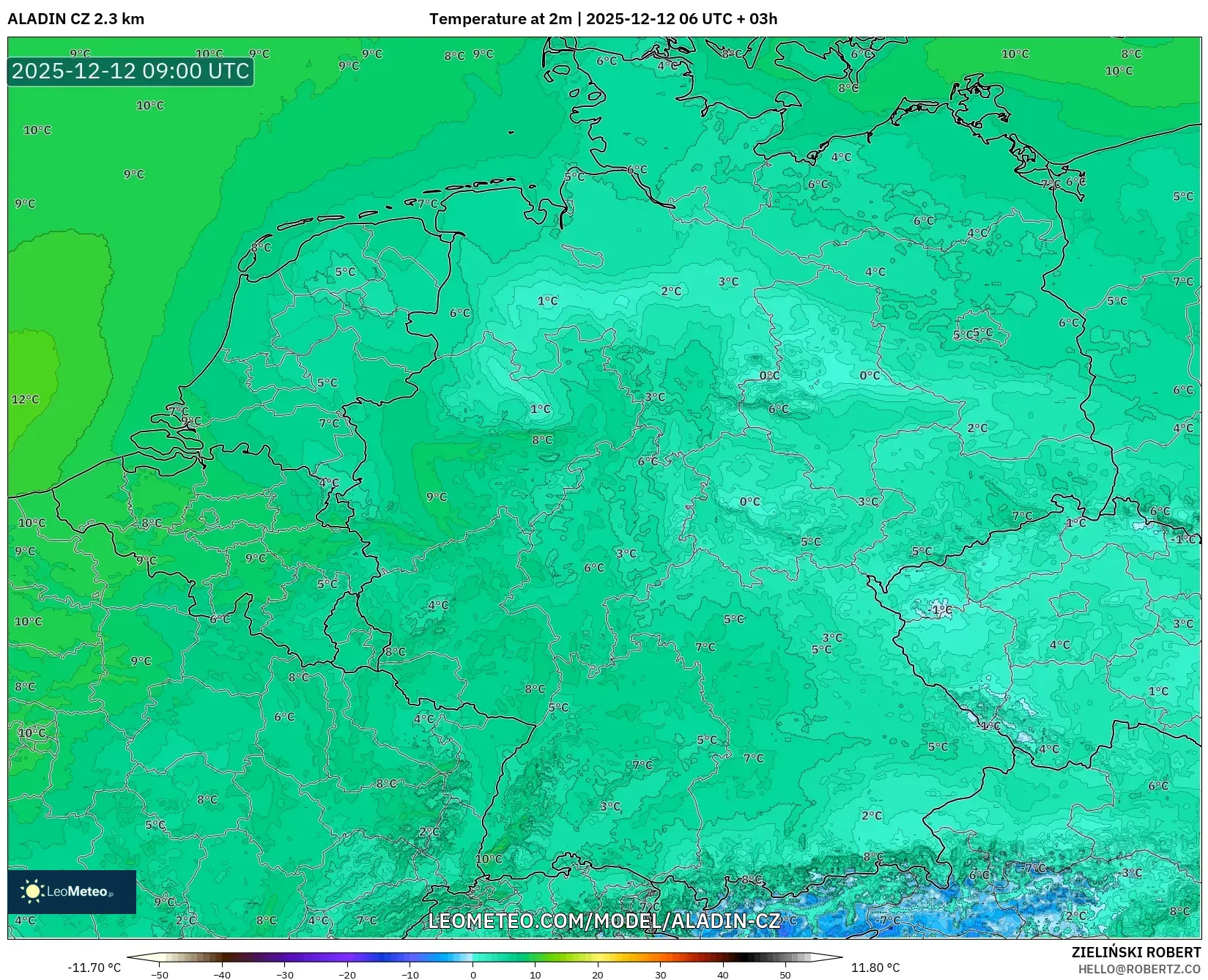 ALADIN CZ 2.3 km model - Jerman, Suhu pada 2 m