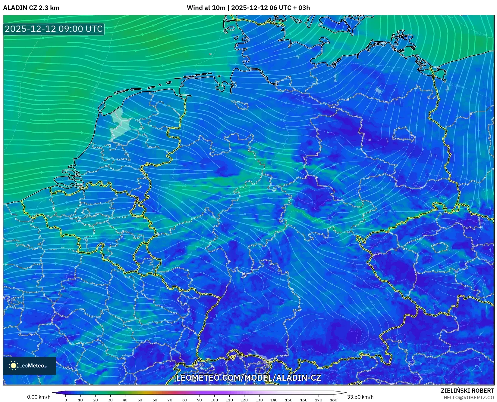 ALADIN CZ 2.3 km model - Jerman, Angin 10 m