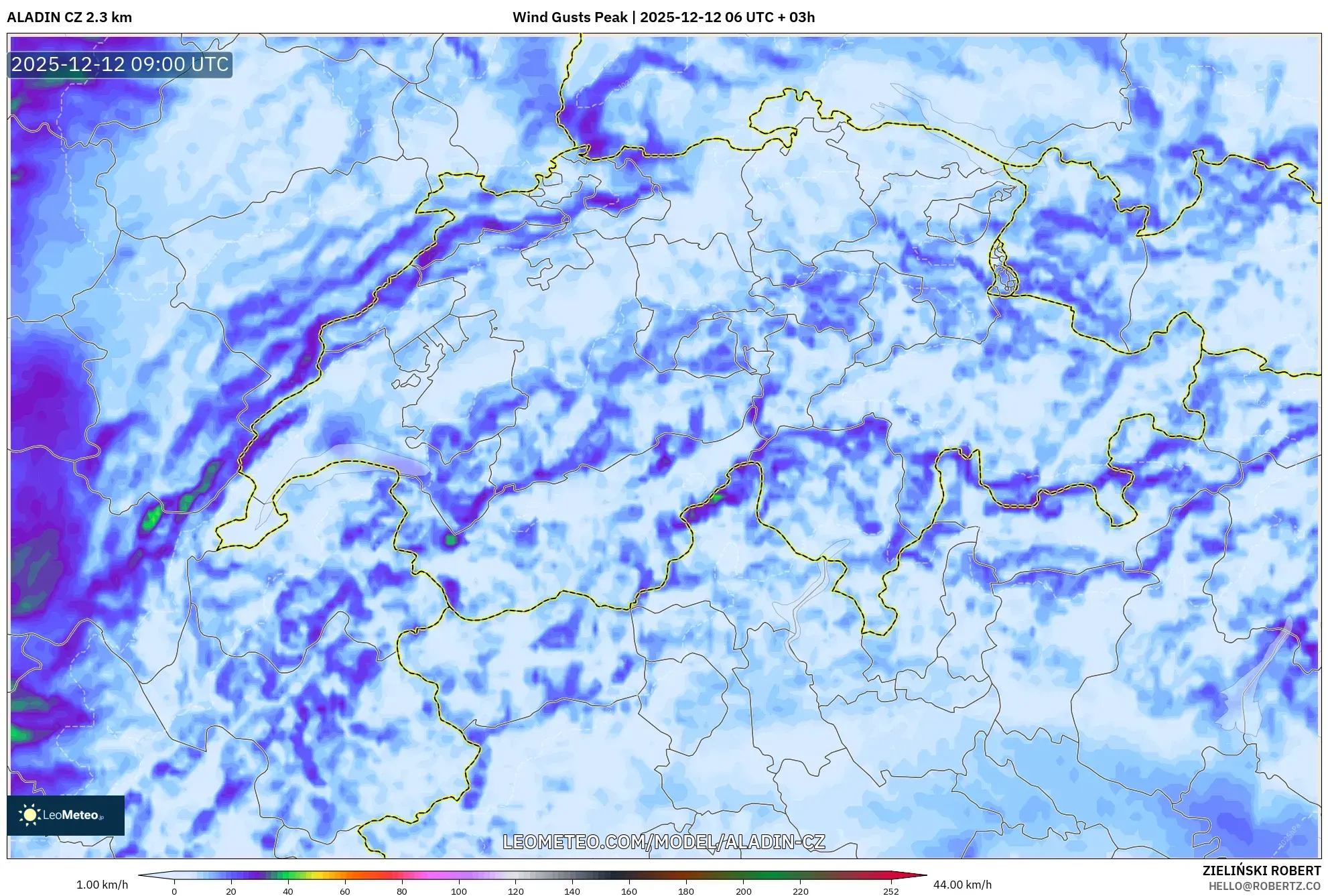 ALADIN CZ 2.3 km model - Switzerland, Hembusan Tertinggi