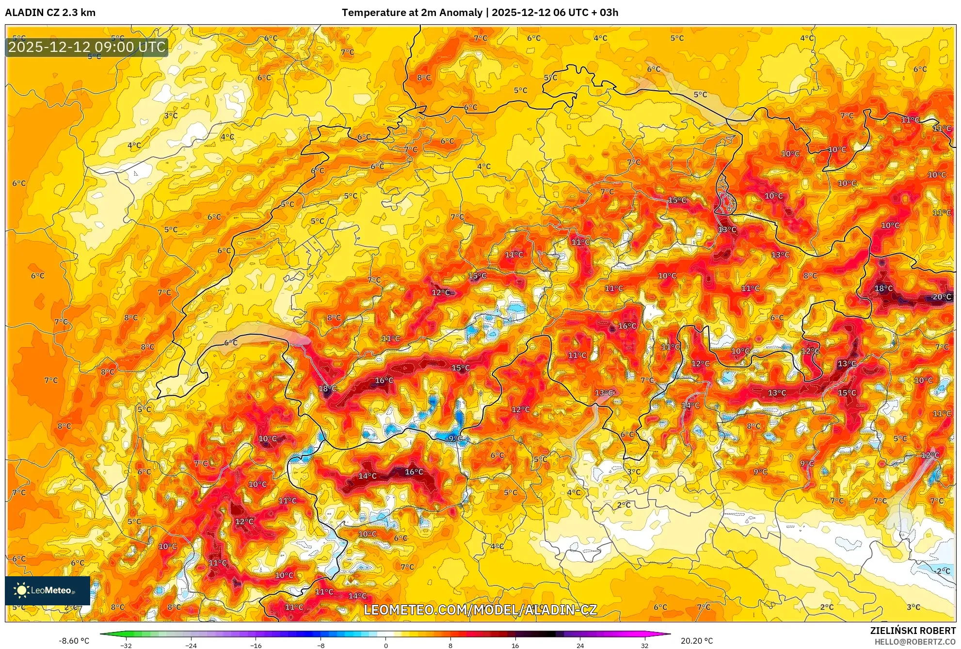 ALADIN CZ 2.3 km model - Switzerland, Anomali Suhu 2 m