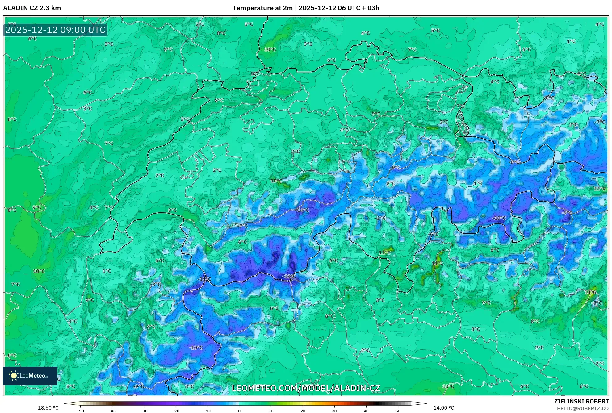 ALADIN CZ 2.3 km model - Switzerland, Suhu pada 2 m