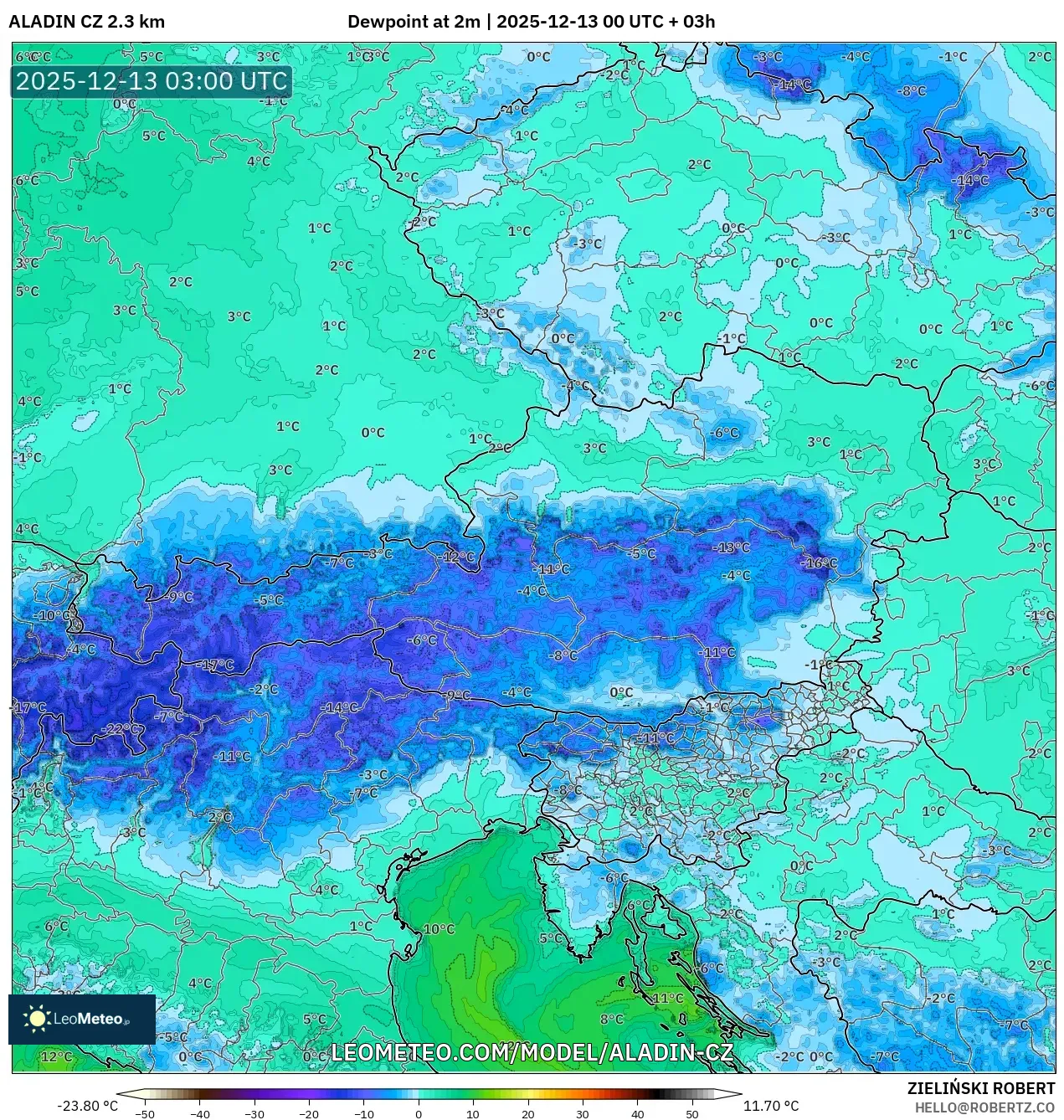 ALADIN CZ 2.3 km model - Austria, Dewpoint at 2m